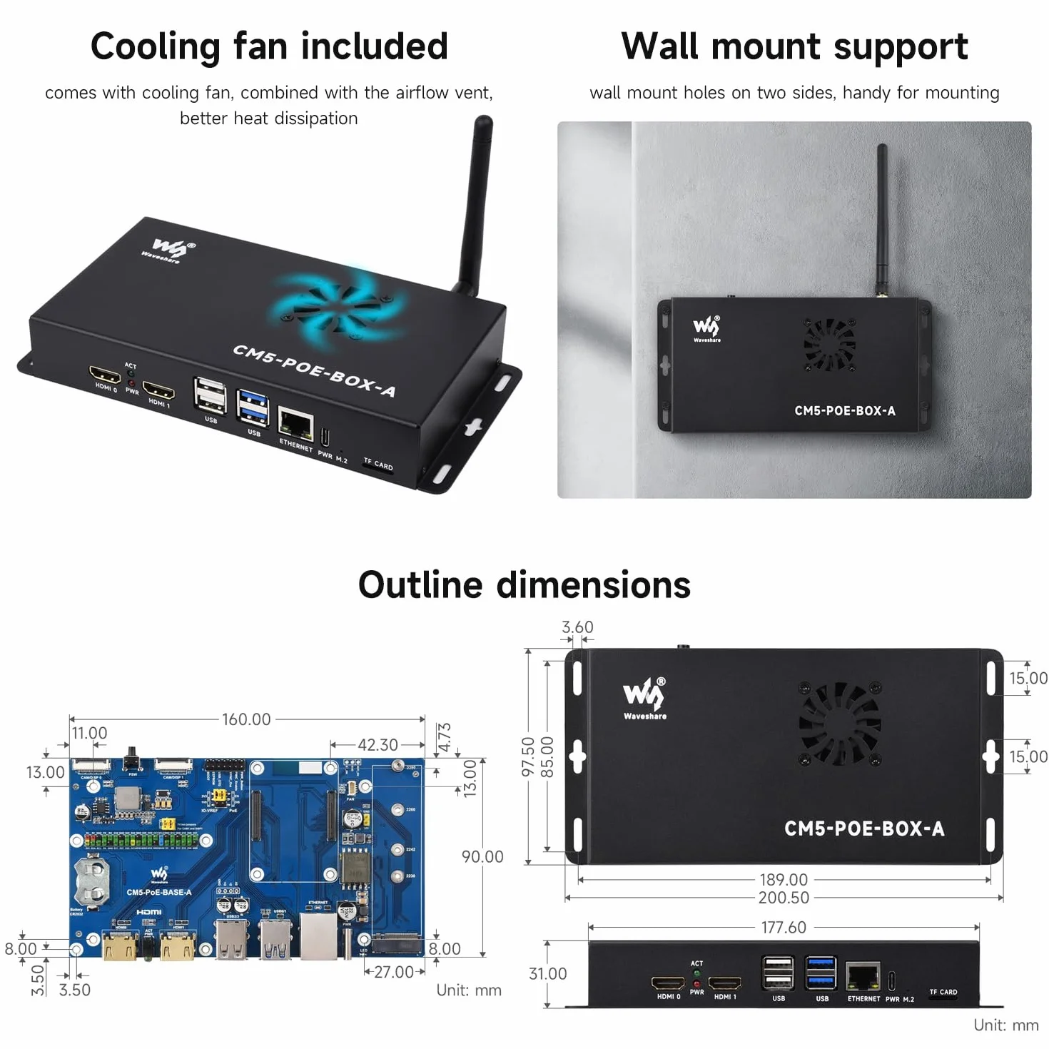 Waveshare Compute Module 5 IO Board, Compatible with All Variants of Raspberry Pi CM5, with PoE Feature, Bundle with PoE Base Board + Case + Power Supply Adapter