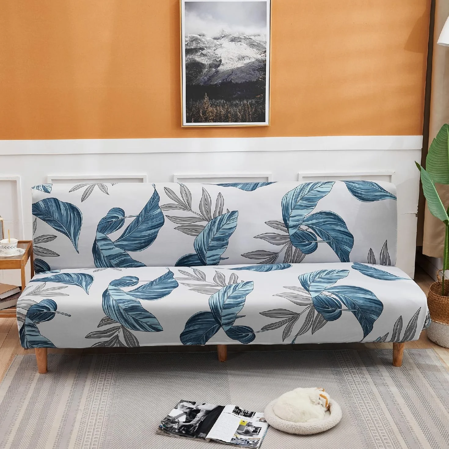 Housse De Clic Clac Élastique 2/3 Places Sans Accoudoirs, Housse De Futon Antidérapante Et Résistante À L'Eau Impression 3D De Feuilles Florales Rustiques Housse Canapé Pliant (160-190cm)