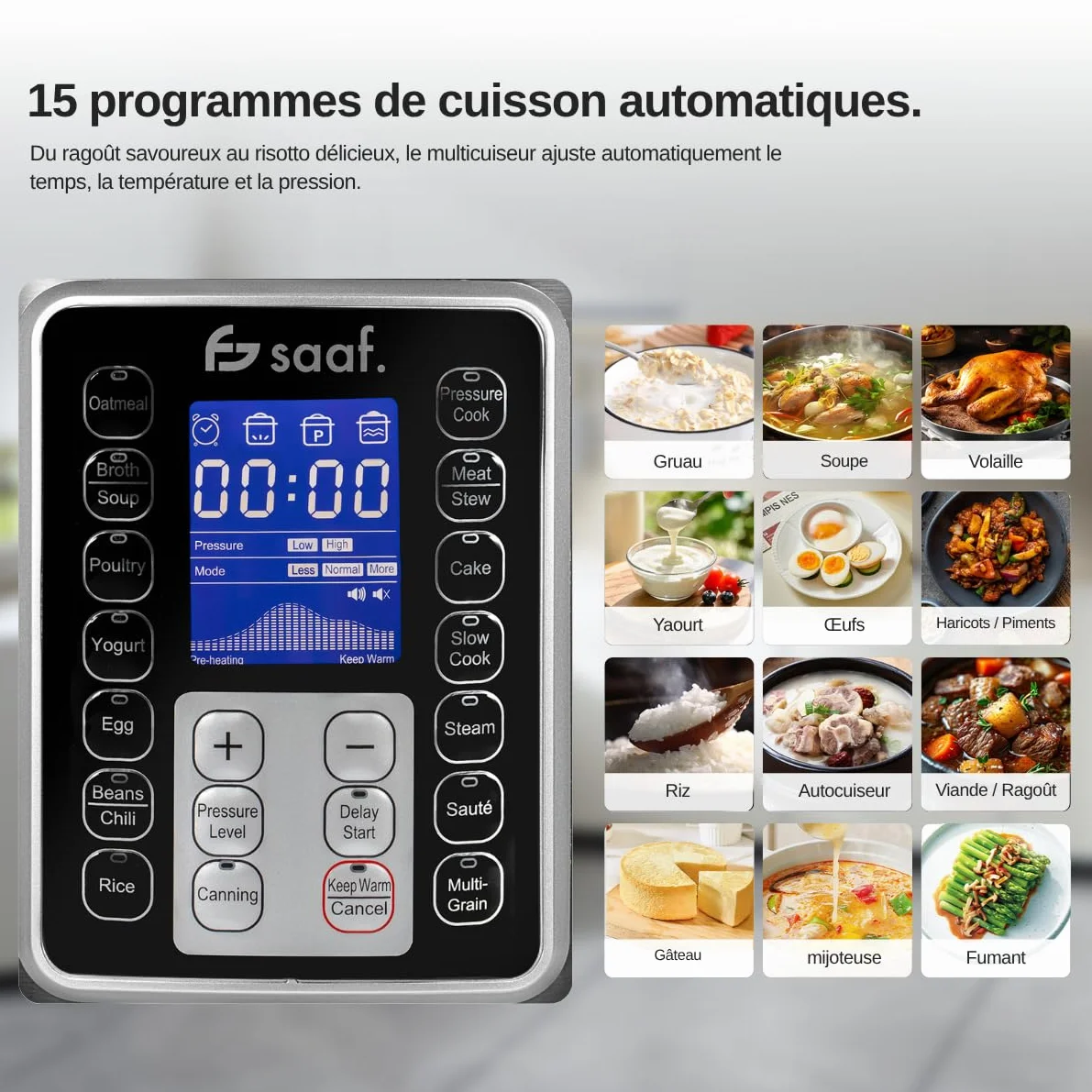Saaf Multicuiseur – Set 11 Pièces – 12 Programmes – Slowcooker, Cuiseur à Riz, Vapeur & Cocotte-Minute – 6L – Avec Couvercle, Cuve, Cuillère, Verre Doseur & Livre de Recettes – Écran Digital