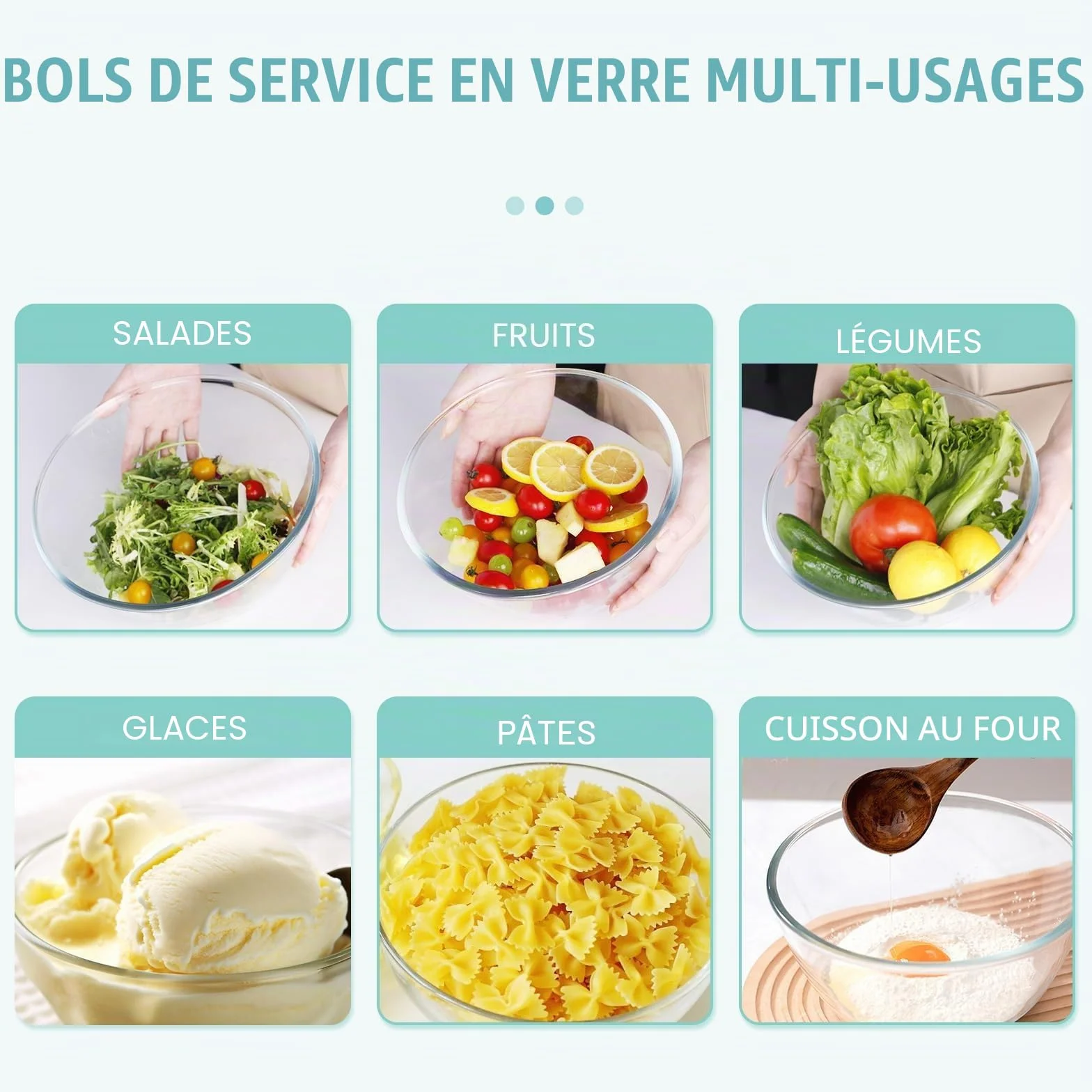 Luvan Lot de 3 Bols à Mélanger en Verre avec Couvercle (4.2 L, 2.5 L, 1 L), Grands Bols à Salade Ronds pour la Cuisine, Parfaits pour Cuisiner, Cuire, Servir, Préparer, passent au Lave-vaisselle