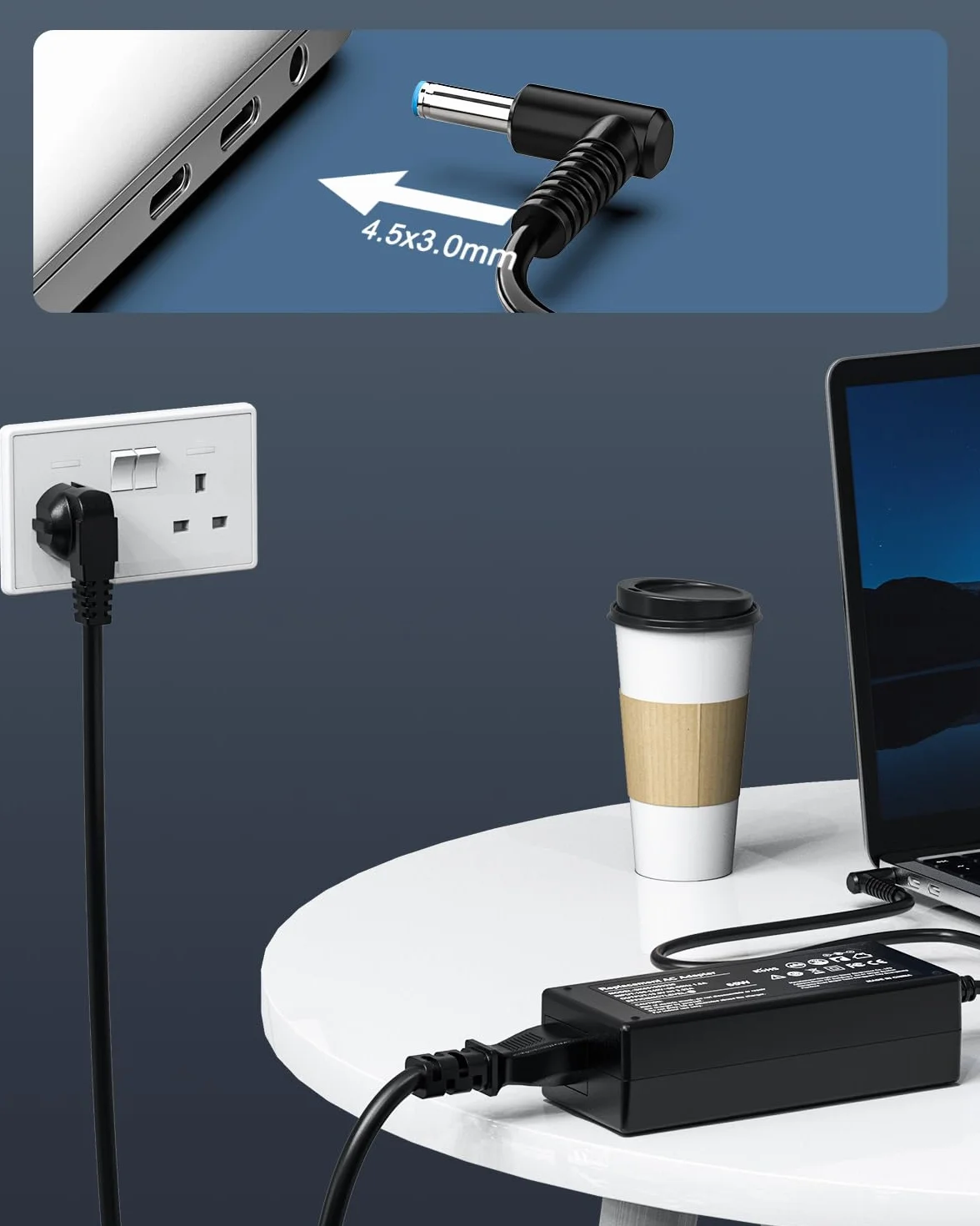 Chargeur HP 65W Ordinateur Portable pour Pavilion x360, Elitebook, Probook, Envy, Stream, HP 250 255 G5 G6 G7