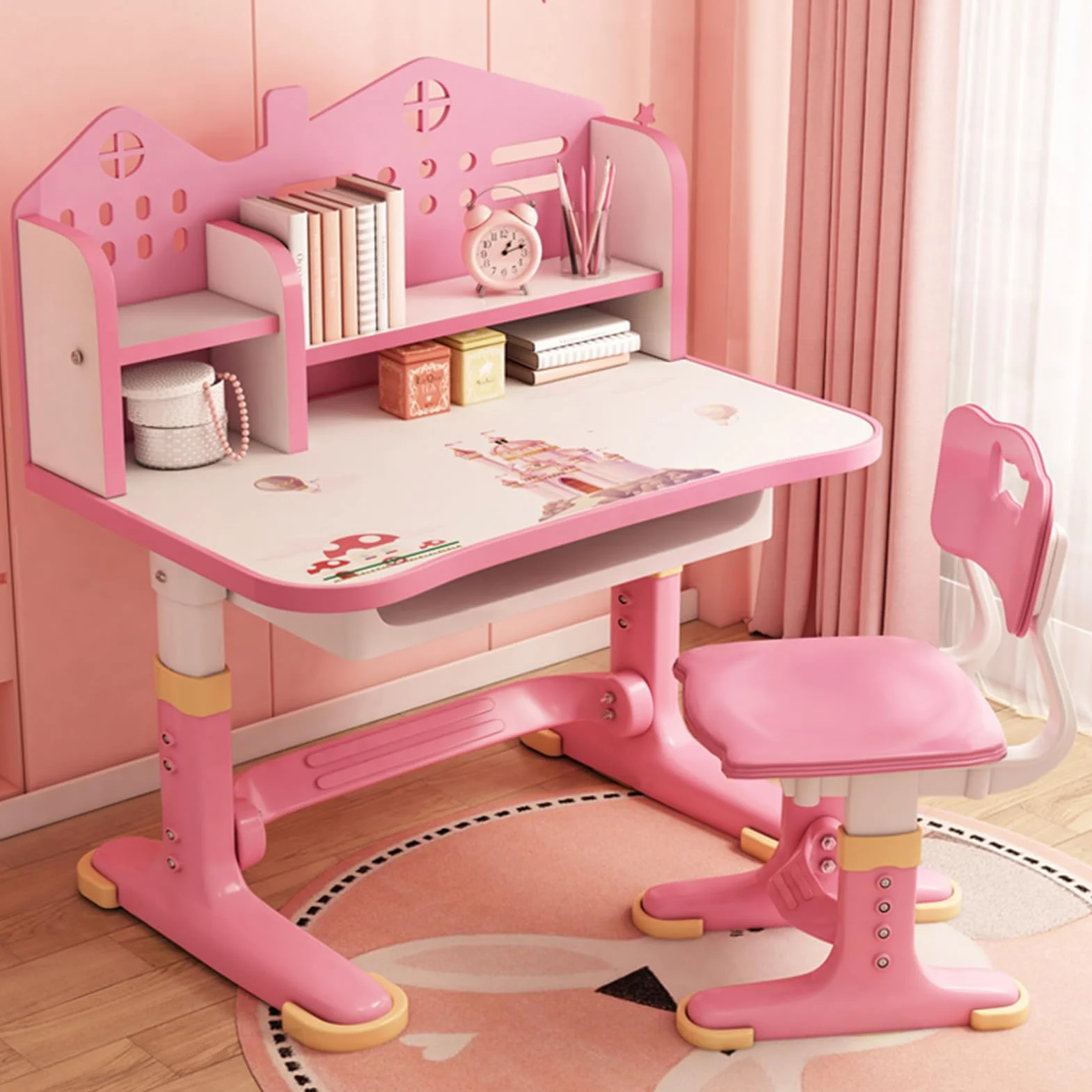 Ensemble de table et de chaises pour enfants - Hauteur réglable - Table d'apprentissage et chaises - Rose - Bureau pour enfants avec tiroirs et compartiments de rangement - Lecture