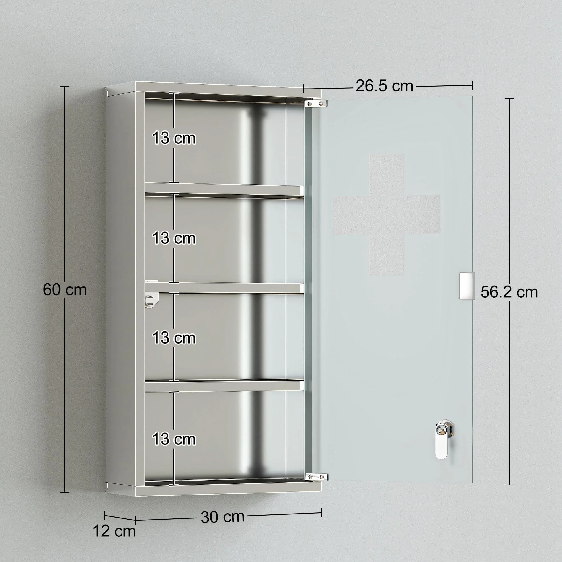 HOMCOM Armoire à Pharmacie 3 étagères 4 Niveaux 30L x 12l x 60H cm Porte Verre trempé Symbole Croix Acier Inoxydable brossé