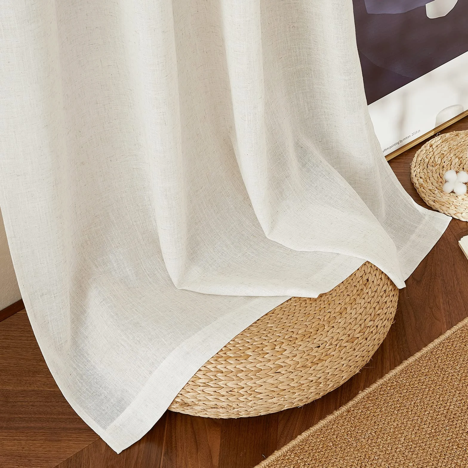 Rideaux Voilage Lin Naturel Demi Transparent 140x245 cm Beige Clair 2 Pièces
