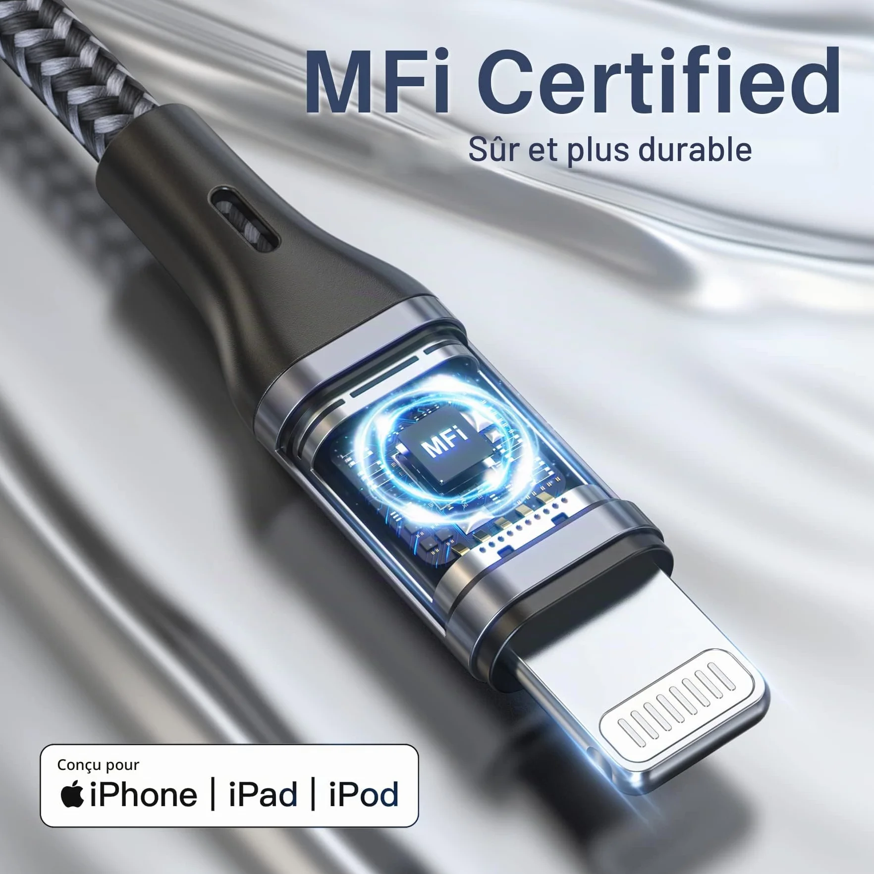 RAVIAD Câble iPhone Chargeur MFi Lightning Nylon Tressé 1.2m Gris