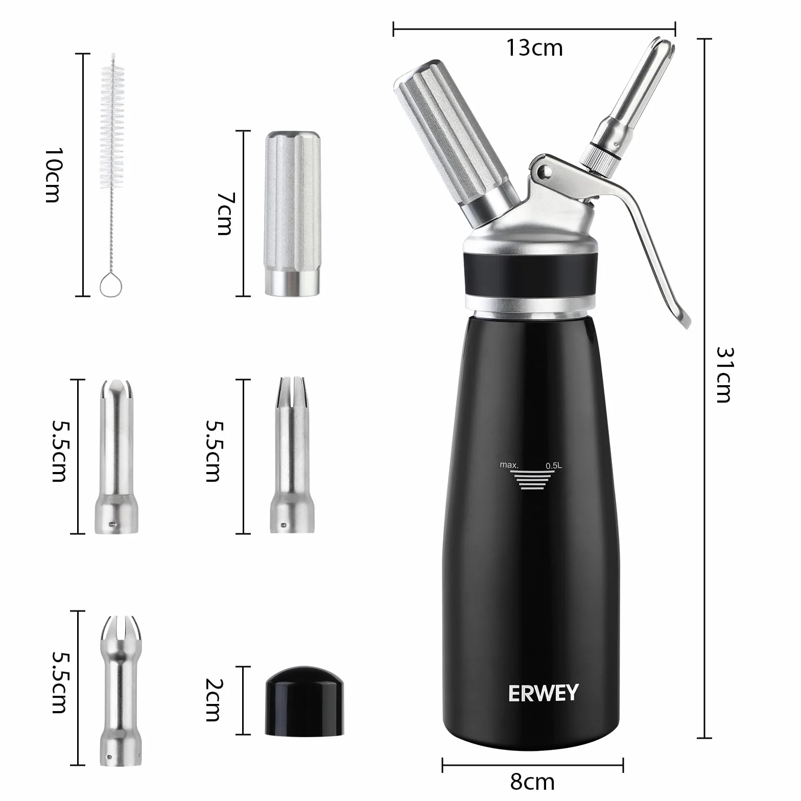 ERWEY Siphon Chantilly 500ml, Siphon à Chantilly en Aluminium, Siphons de Cuisine avec 3 Douilles et 1 Brosse de Nettoyage, Siphon de Chantilly pour Décoration Patisserie et Desserts (Noir)