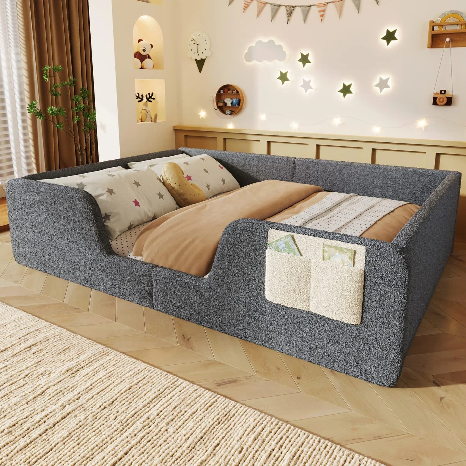 KOMHTOM Lit Enfant au Sol, Lit Montessori, Lit Capitonné en Velours, Barrière de Sécurité Amovible, Sommier à Lattes, Poche de Rangement Tissu, Design Sûr, sans Matelas (Gris)