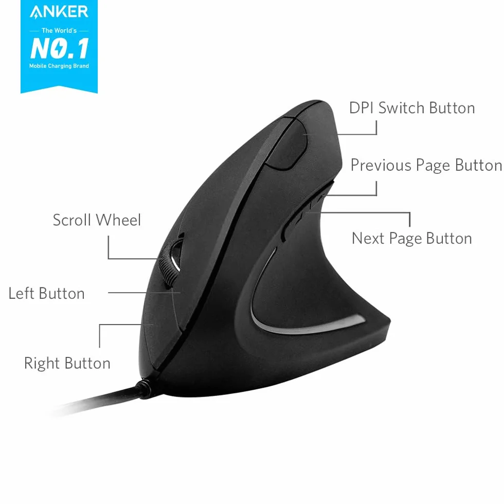 Anker Pionowa mysz pionowa, ergonomiczna mysz optyczna, kabel USB, kompatybilna z praworęcznymi, komfort i eliminacja tułowia dłoni i stawu, 1000/1600 DPI, 5 przycisków