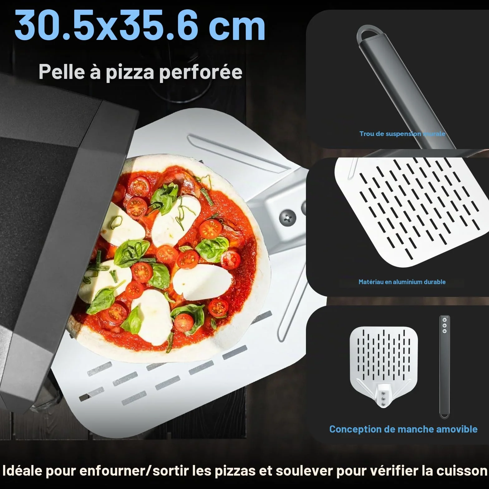 iklestar 4PCS Accessoires pour four à pizza, Pelle a pizza perforée de 30 cm, Peau à pizza en aluminium de 83cm avec un long manche, Outil de nettoyage de la pierre du four
