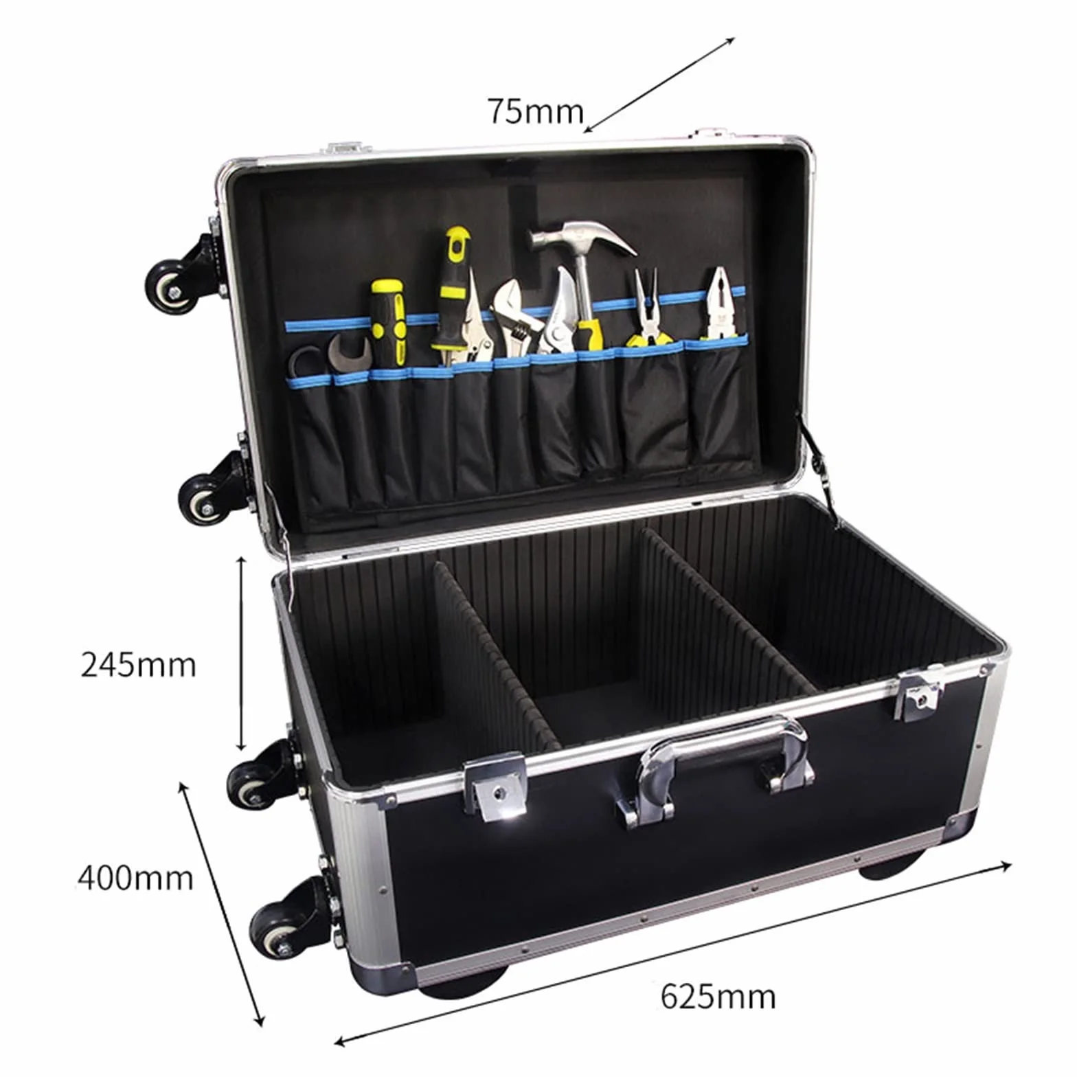 Boîte À Outils Boîte à outils roulante Boîte à outils de rangement portable Mallette de transport avec roulettes Coffre organisateur d'équipement avec poignée télescopique et cloison amovible Caisse à