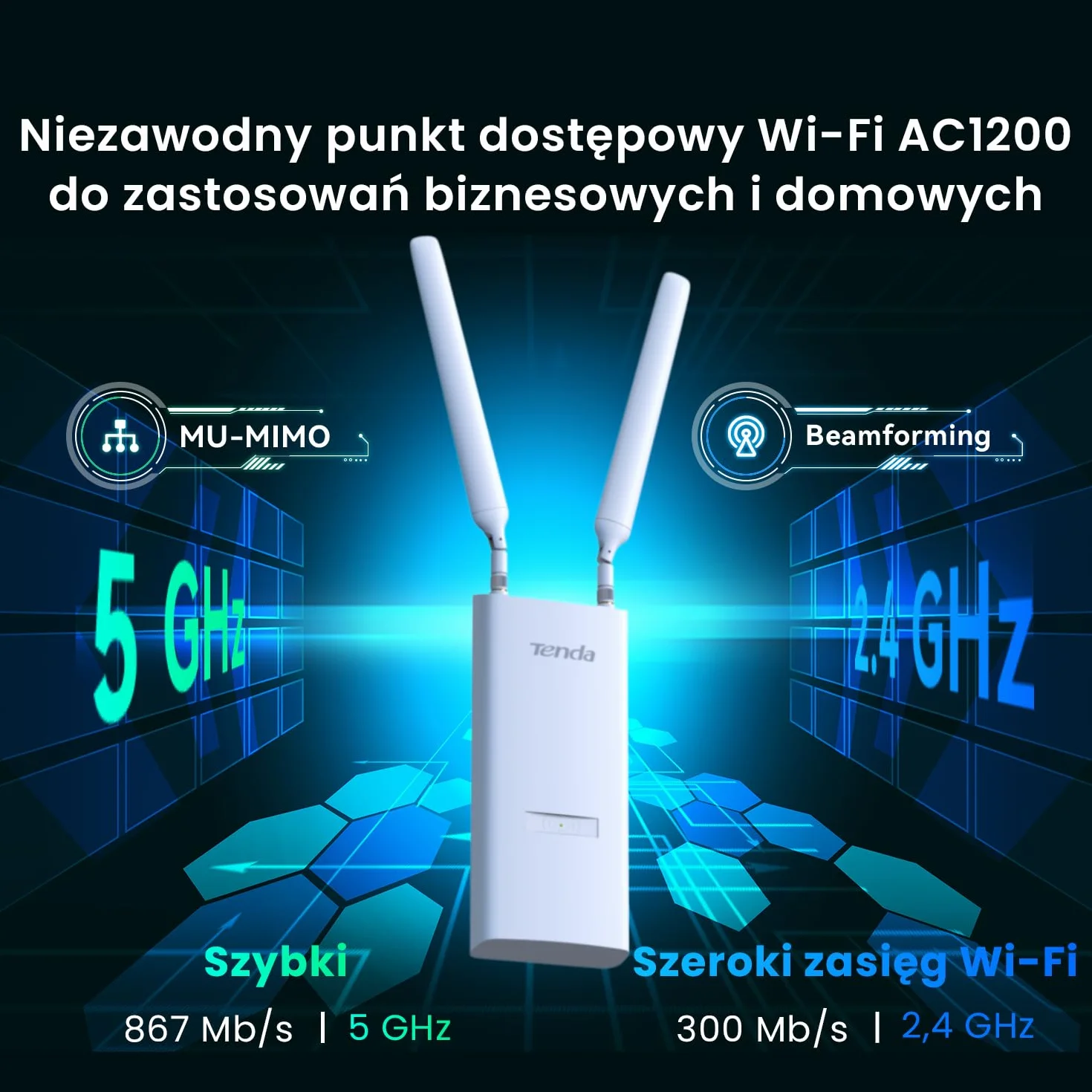 Tenda OAP1200 zewnętrzny punkt dostępowy, Gigabit Dualband WLAN Access Point (AC1200, 802.3af/at PoE i 24 V/0,5 A pasywny PoE, wodoszczelność IP65, 1 port Gigabit), biały
