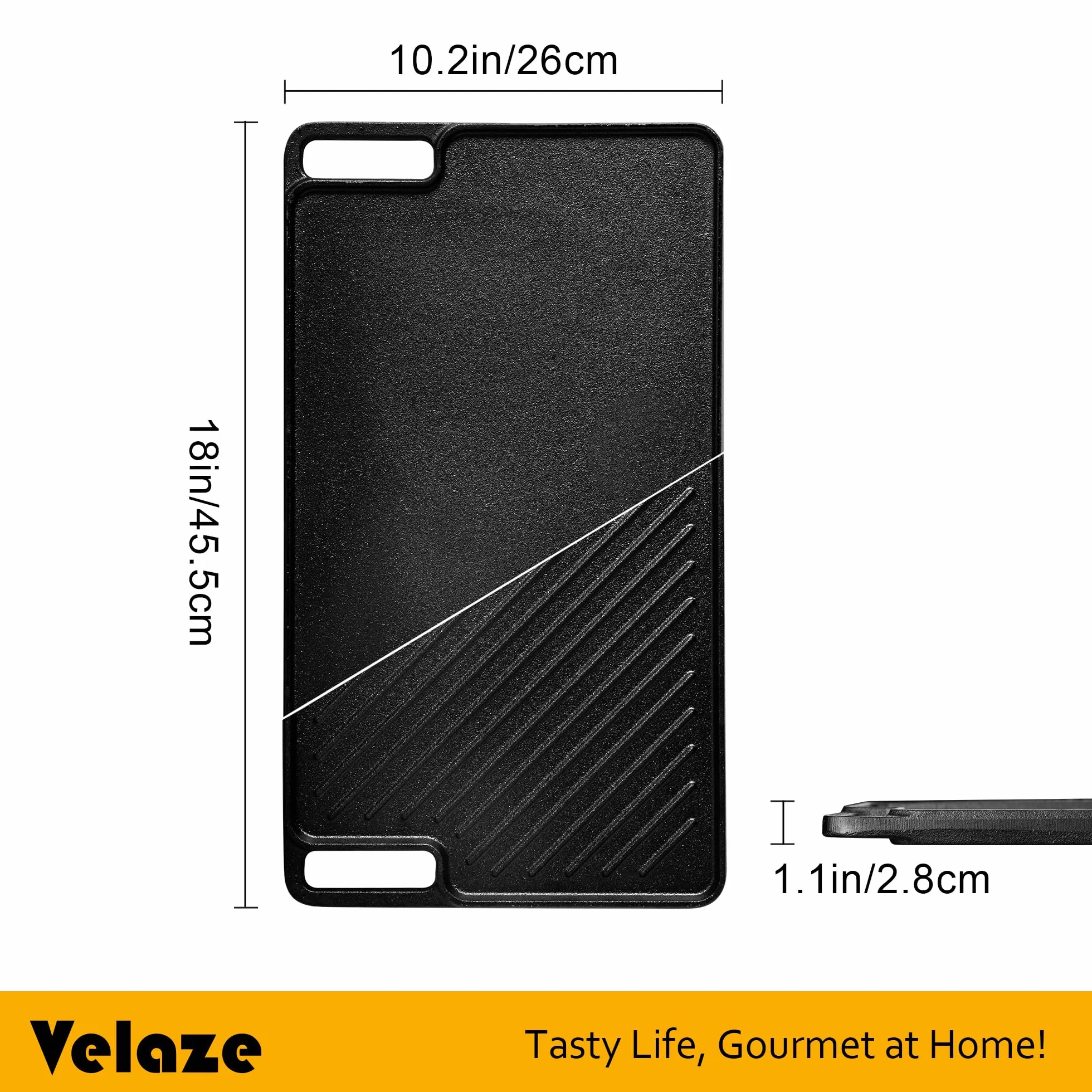 Velaze Plaque à Steak en Fonte, Plaque de Cuisson Barbecue en Fonte pour la Viande et Steak,Poêle Deux Côtés Utilisables de, Convient Induction, Grille Électrique, Gaz ou Charbon - 45.5cm x 26cm