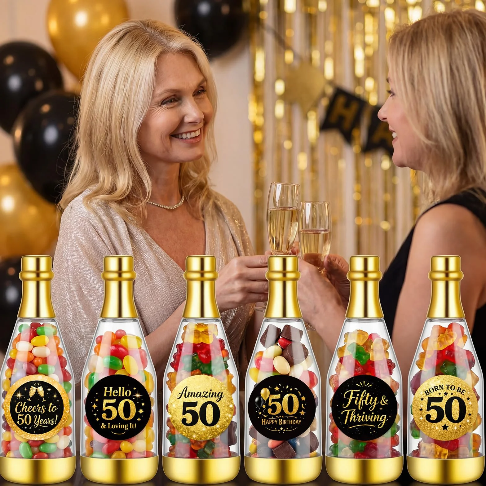 Domensi Lot de 24 mini bouteilles de champagne dorées pour 50e anniversaire avec 24 autocollants, décorations de fête de 50e anniversaire, petits récipients à friandises pour bonbons et bonbons, noir