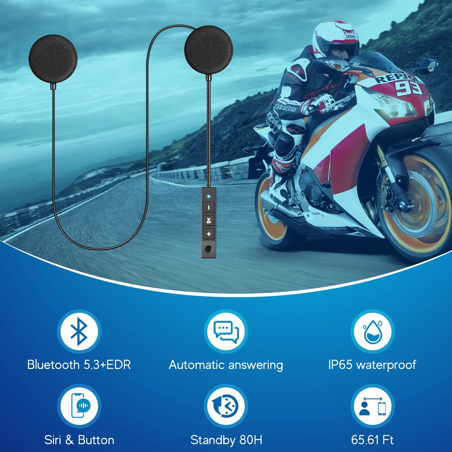 MAXTO Kask motocyklowy z Bluetoothem Słuchawki głośnomówiące głośnik Bluetooth 5.3 EDR, wysokiej jakości, automatyczny anwser