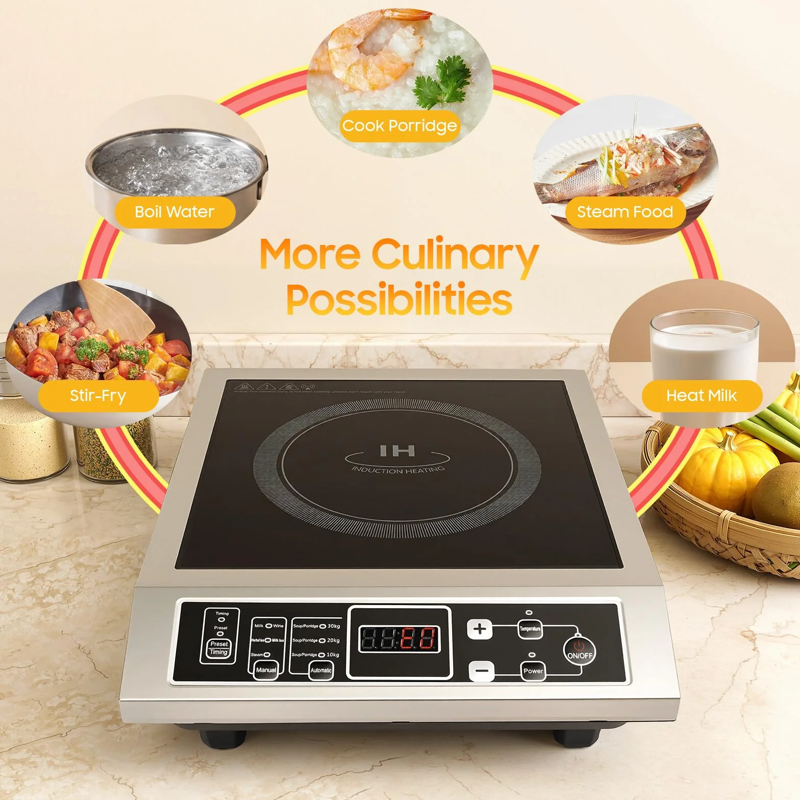 Plaque de cuisson à induction 3500W, Plaque de cuisson à induction 1 plaque, Plaque à induction portable avec 10 niveaux de température, minuteur et programmes automatiques, pour camping-car, camping