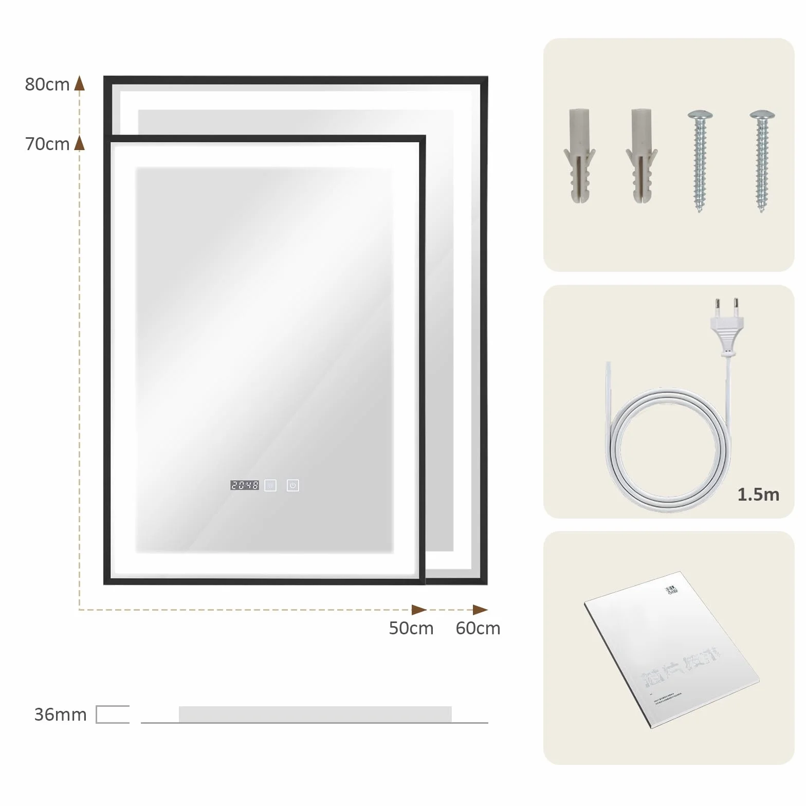 YOURLITE Miroir de Salle de Bain avec Éclairage LED 50x70cm, Fonction Antibuée Étanche Ip44 Lumière Chaude,Naturelle et Froide,Luminosité Réglables, avec Affichage Heure et Température