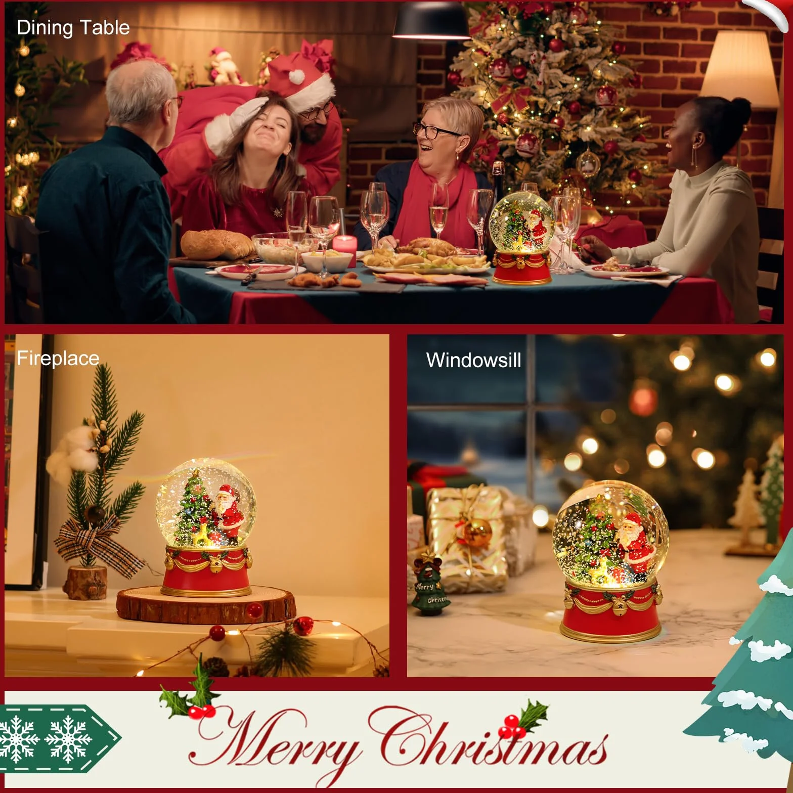 Lewondr Boule à Neige de Noël, Boule à Neige Électrique du Père Noël avec Flocon de Neige et Lumières, Boule à Eau de Noël Alimentée par Piles, Décoration de Noël pour Les Fêtes de Fin d'Année, Rouge
