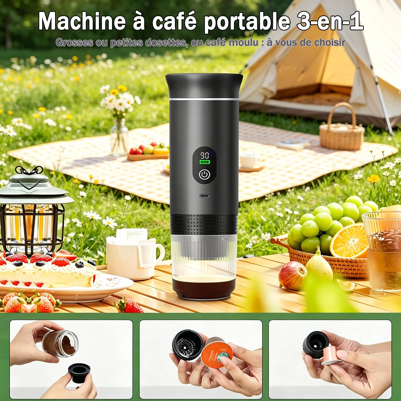 Machine à Cafe Portable,3 En 1 Cafetière à Expresso Chauffage Électrique,Rechargeable,Pour Camping et Voiture,Chauffage Rapide,compatible avec Capsules K-Cup et café moulu,Pour voyage