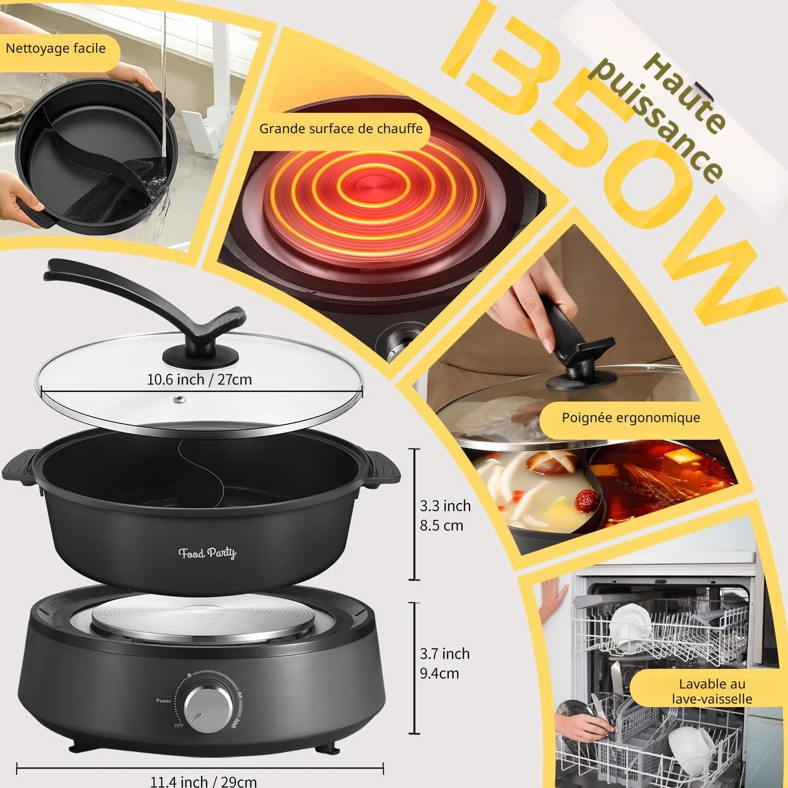 Food Party Hot Pot Electrique Appareil Fondue Chinoise 4L 220V 1350W Shabu SHabu Hotpot avec Diviseur Wok Electrique