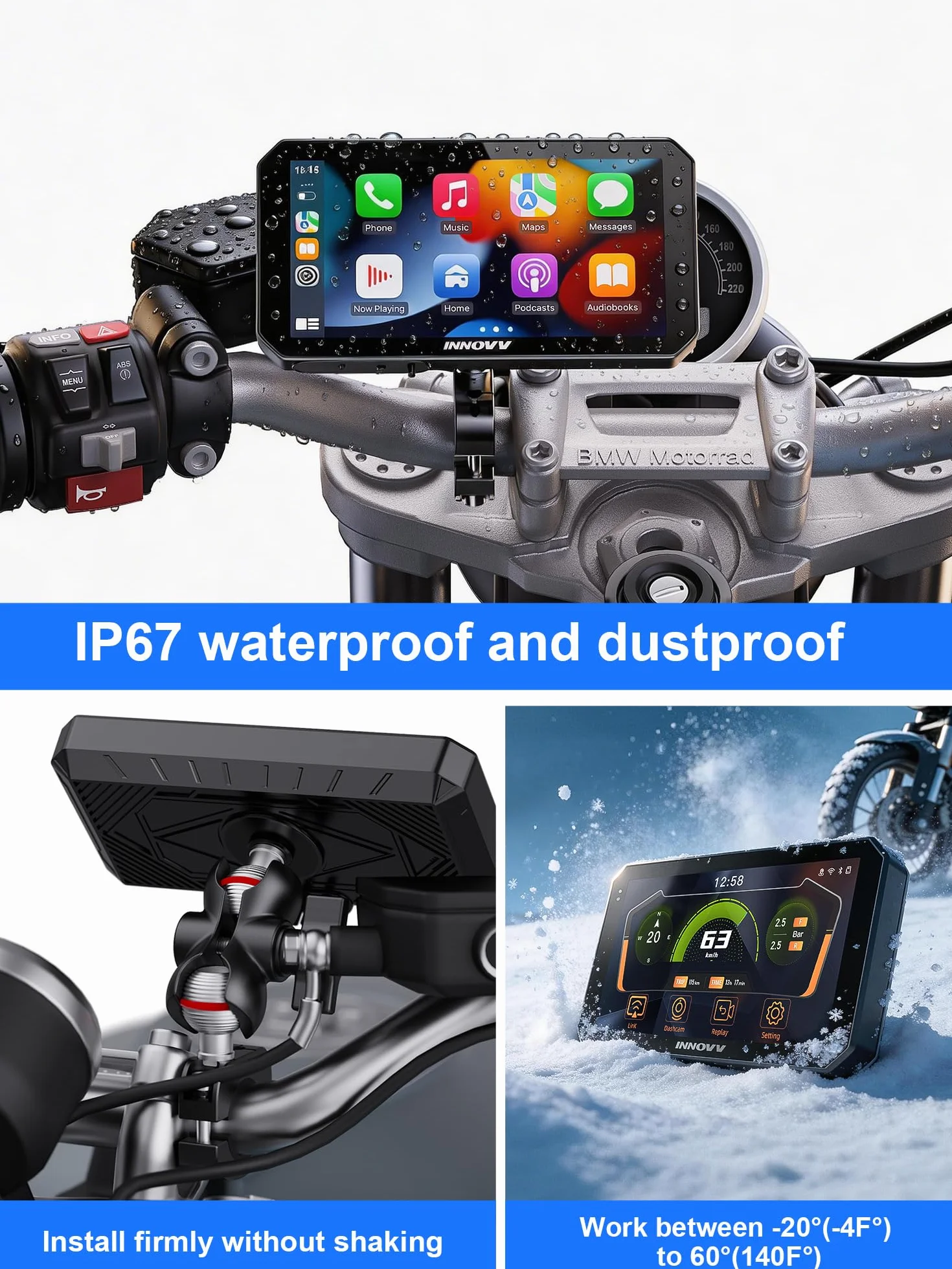 INNOVV N2 Motocyklowa kamera samochodowa Carplay, ekran dotykowy 15.2 cm, obsługa systemu Android Auto i iOS, przednia i tylna kamera 2K + 2K z nawigacją GPS, tryb parkowania, muzyka, Wi-Fi 5,8 G