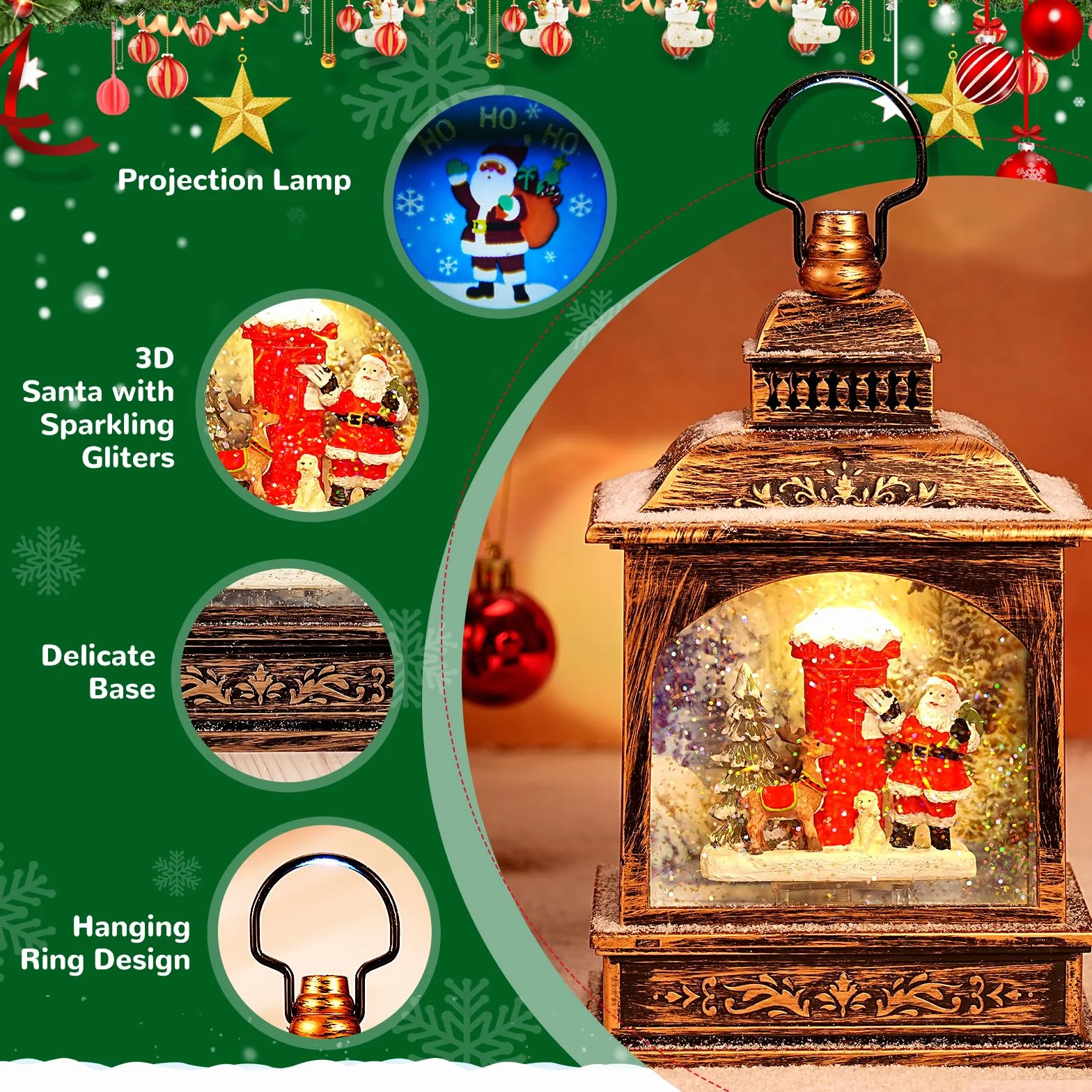 Lanterne Noel Lanterne Boule à Neige Musicale LED de Noël, Lampe de Noel Lumineux Père Noël et Flocon de Neige avec 8 Songs pour Décoration Noel Intérieure Prise USB ou Alimenté par Pile