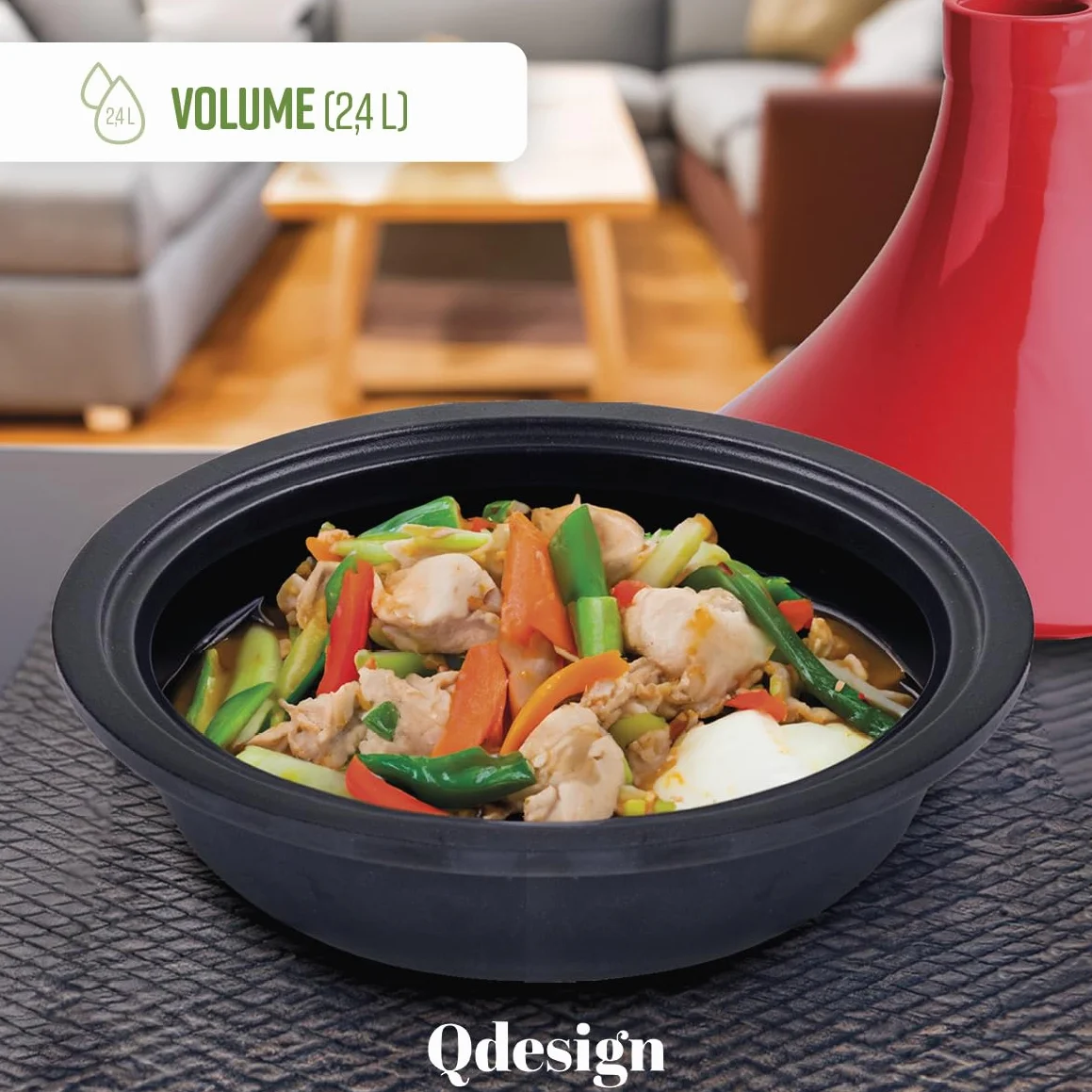 Qdesign - Tajine en fonte Ovale 29 cm - Contenance 2,4 L - Couvercle en céramique - Convient pour Induction - Passe au Four - Rouge