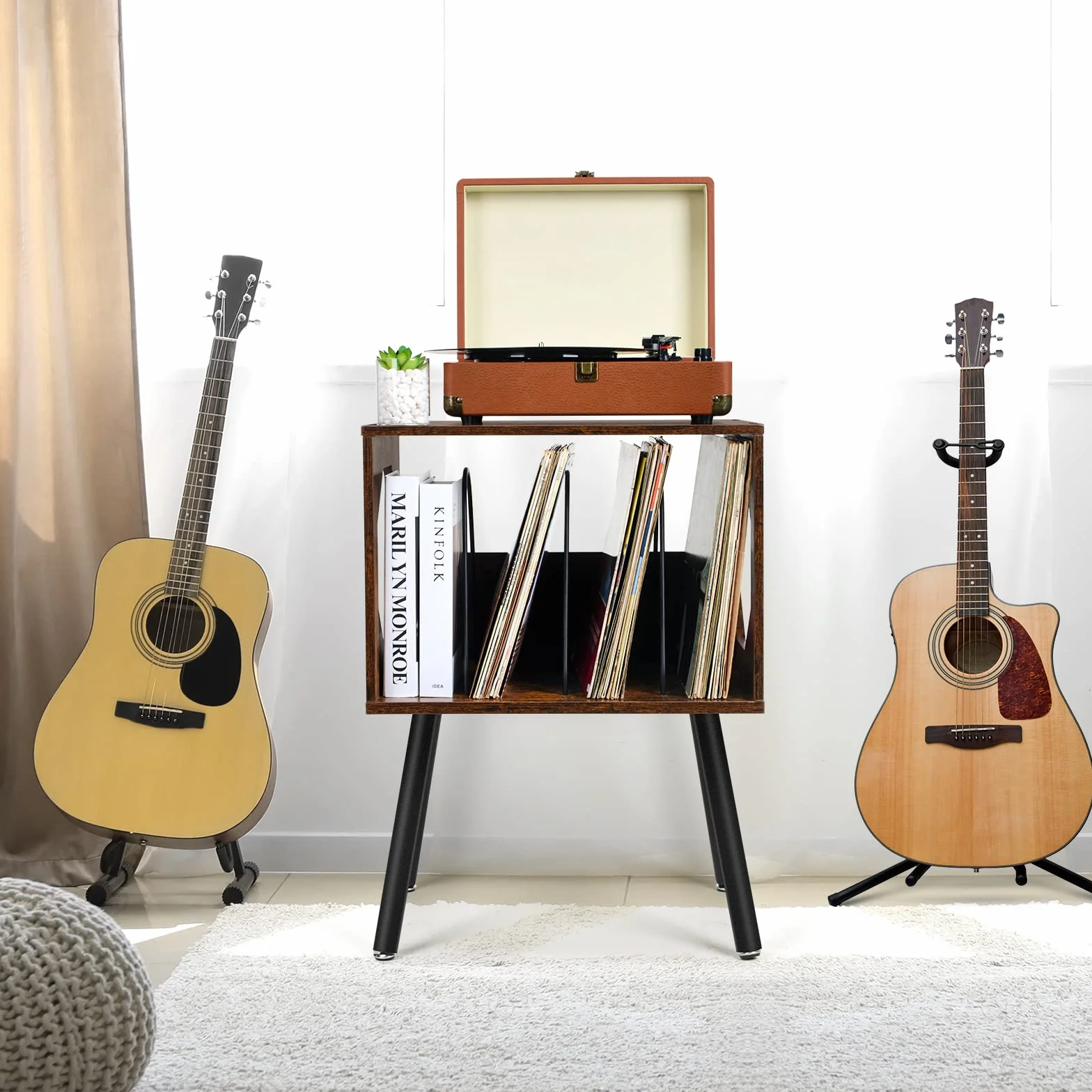 ikkle Support Rustique pour Platine Vinyle avec Pieds en Métal, Pouvant Contenir 150 Disques, Table de Rangement pour Disques Vinyles pour Chambre ou Salon (Marron)