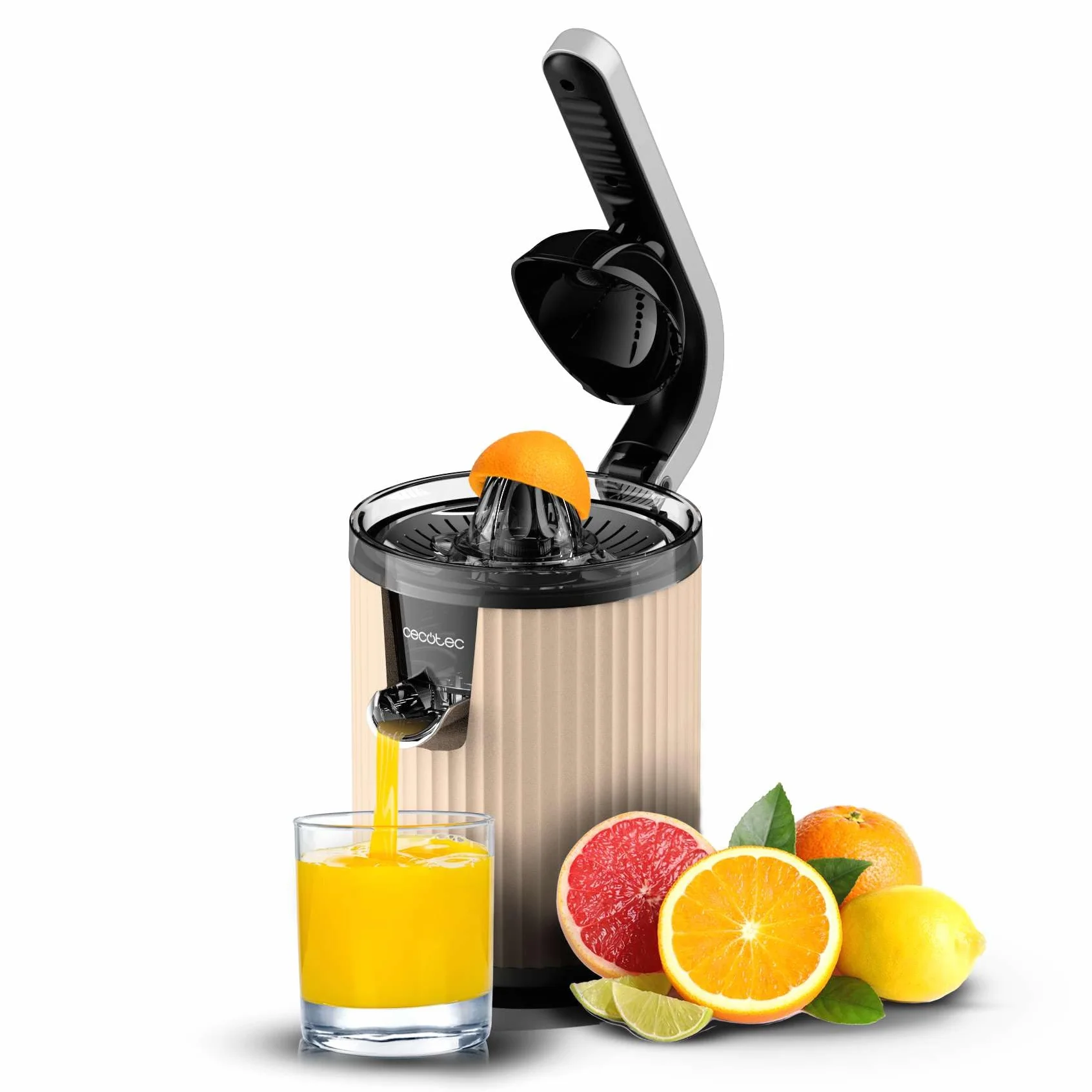 Cecotec Presse-agrumes électrique à bras pour oranges et agrumes Xqueeze RetroJuice 600 Beige. 600W, Style rétro, filtre en acier inox, cône plastique, levier pour extraire la pulpe, Anti-gouttes