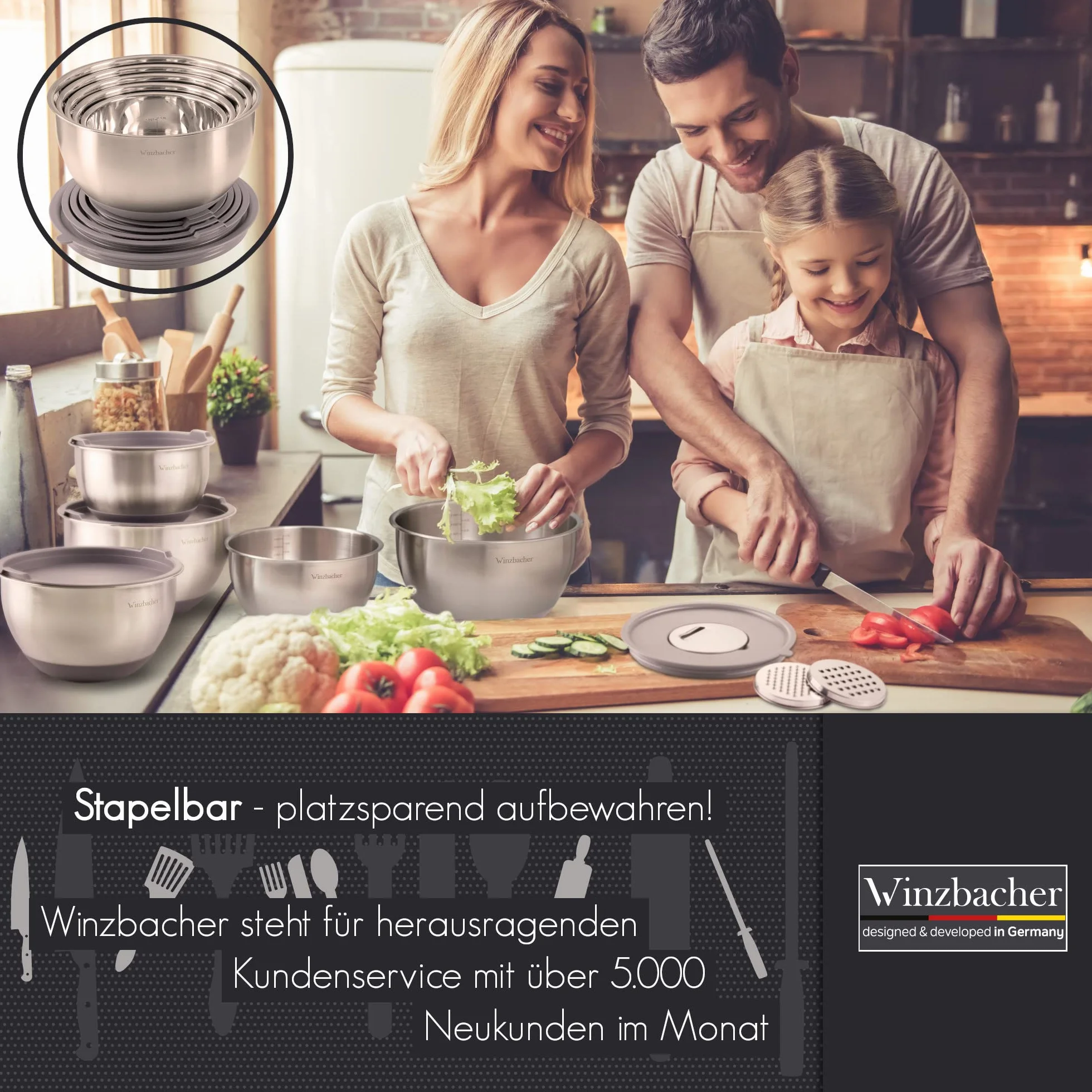 Winzbacher Bol en acier inoxydable avec couvercle [Lot de 5] 1 l + 1,5 l + 2,5 l + 3,5 l + 4,5 l | Bol à mélanger, saladier, set de bols | antidérapant | empilable | râpe incluse