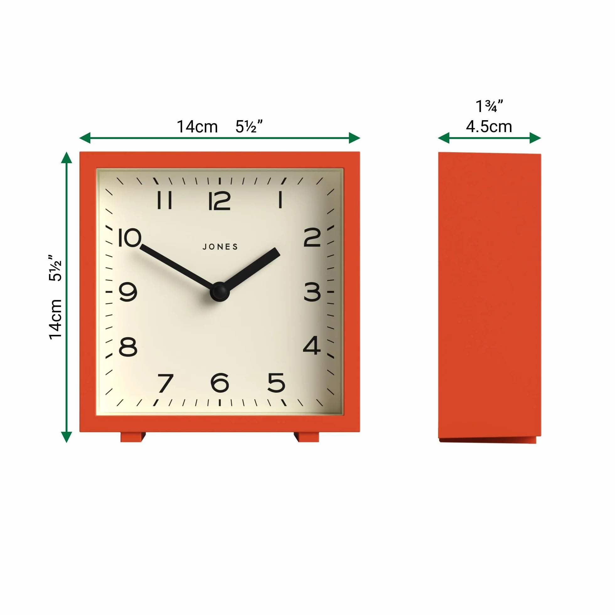 JONES CLOCKS® Disco Horloge de Bureau | Motif carré élégant | Orange | Stylé et Facile à Lire pour l’étagère, la Table, la cheminée ou la Table de Chevet
