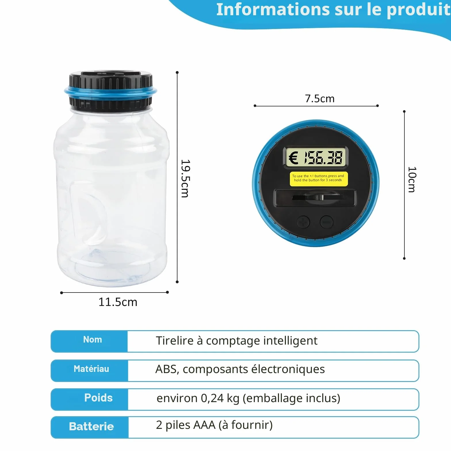 Tirelire numérique électronique avec écran LCD 1,8 l compteur de pièces transparent automatique