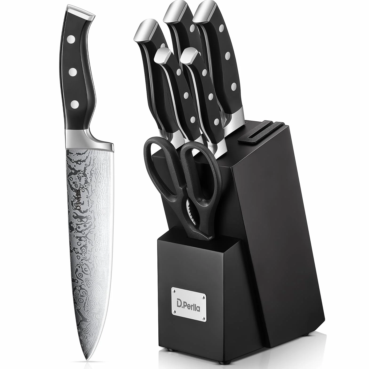 D.Perlla Couteau Cuisine, Bloc de Couteaux 7 pièces avec Affûteur Intégré, Bloc de Bois Noir, Couteaux Ciseaux, Acier Inoxydable, Manche Noir