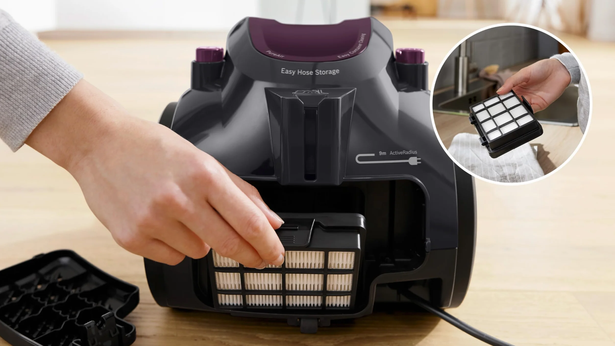 Bosch Série 2 Aspirateur Traîneau Sans Sac 1.5L Filtre Hygiénique Lavable Haute Performance Rayon 9m Compact Violet
