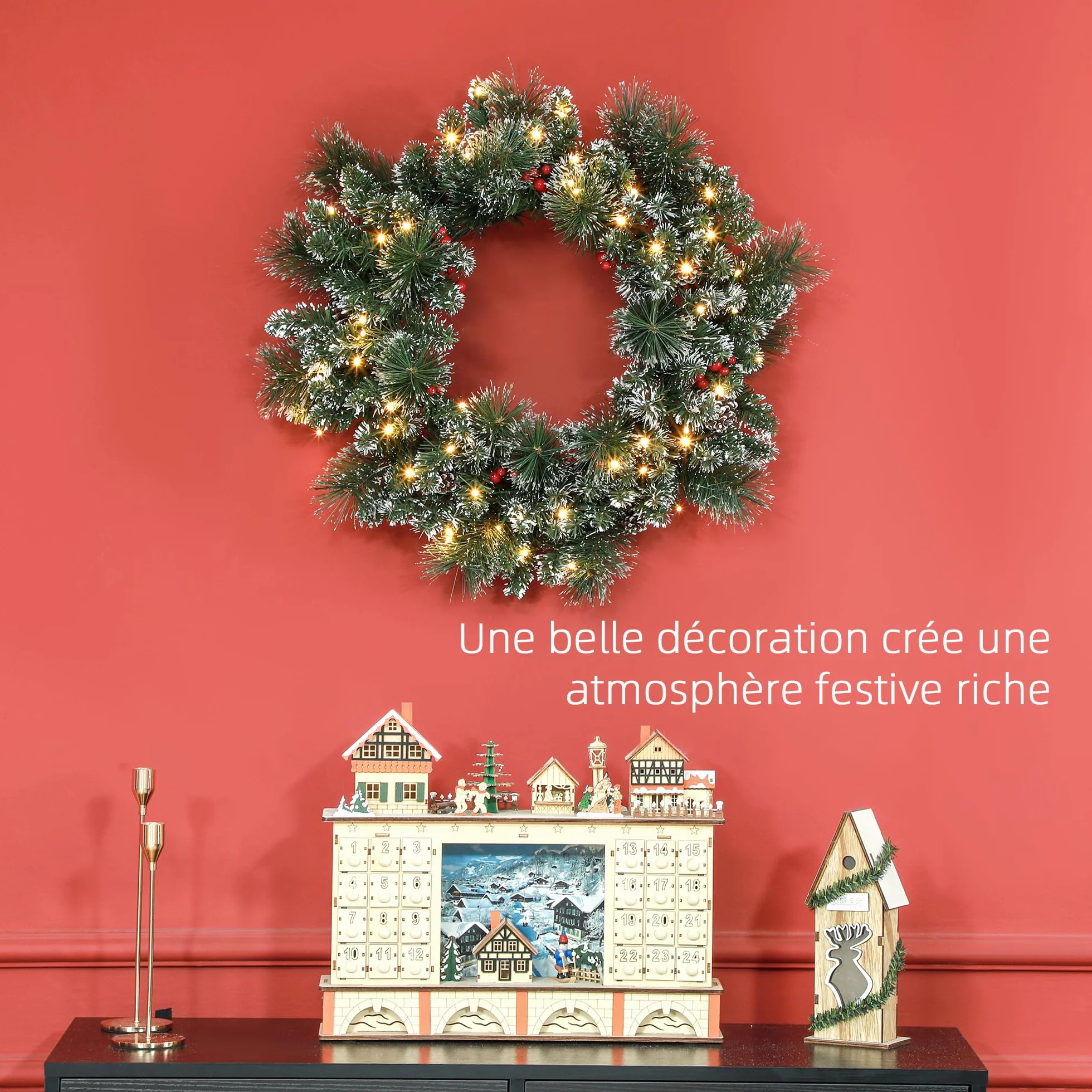 HOMCOM Couronne de Noël Porte Artificielle 60 CM décoration de Noël Lumineuse avec Pommes de pin et grappes de Baies, lumières LED et minuterie, pour Porte, fenêtre ou cheminée, Vert