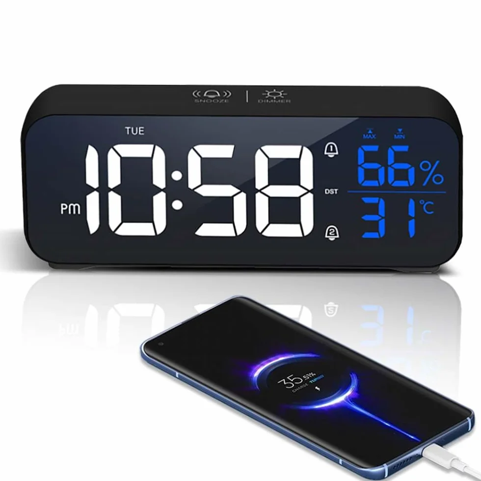 Réveil Numérique Miroir LED avec Fonction Snooze, Grand Écran Température, Alarme USB 12/24H