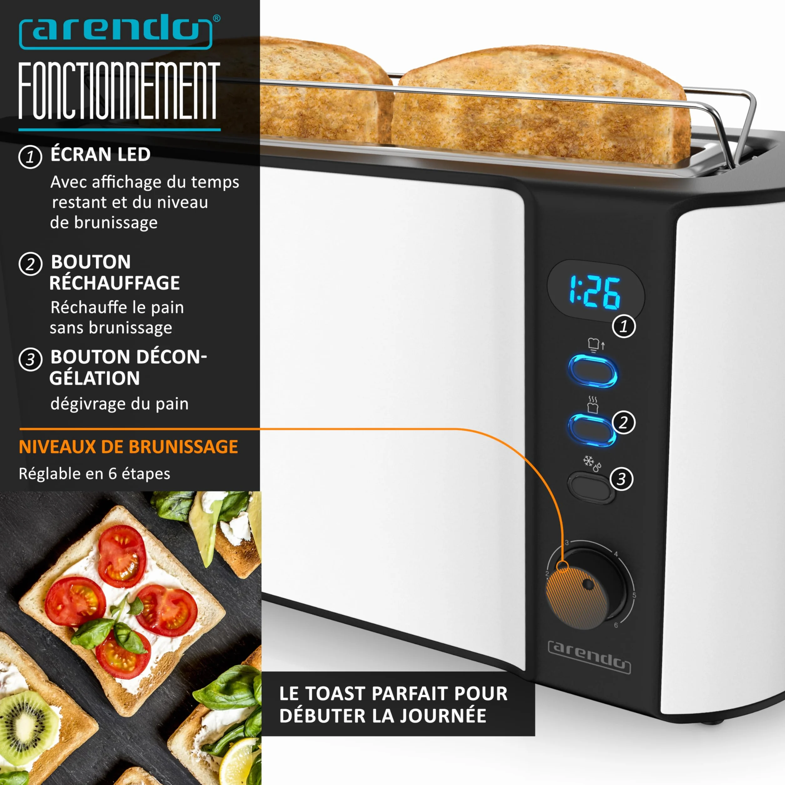 Arendo Ensembles Bouilloire et grille-pain et cuiseur à oeufs Bouilloire en inox 1,5L 40°-100°C, Toaster 2 Tranches Ecran LED 6 niveaux de brunissage Cuiseur à oeufs 1-6 oeufs, Verre doseur, Blanc