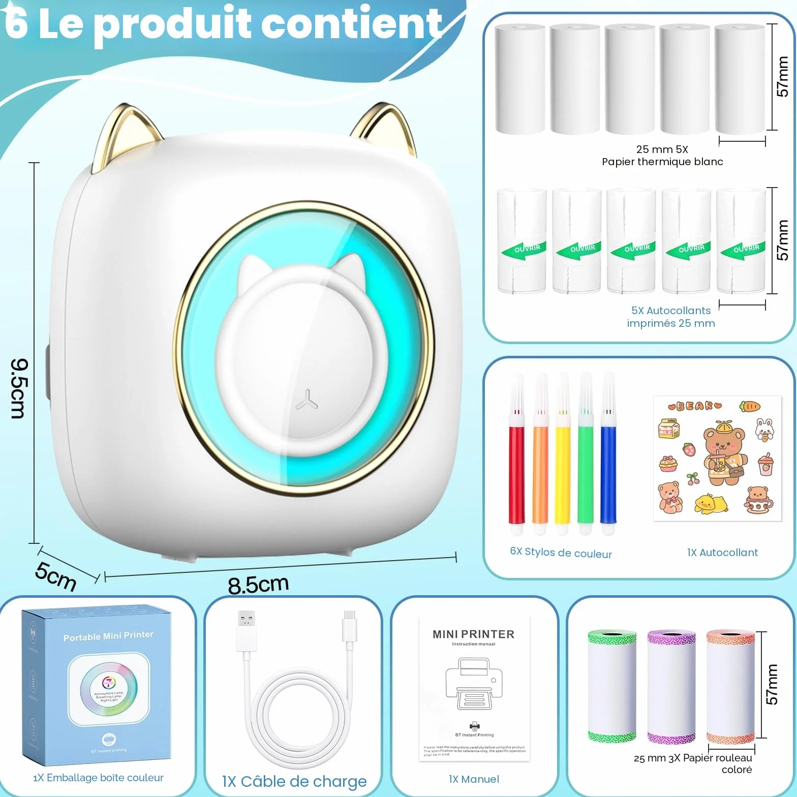 Mini Imprimante Thermique Portable Bluetooth pour iOS Android, 14 Rouleaux Papier, Étiquettes, Images, Blanc