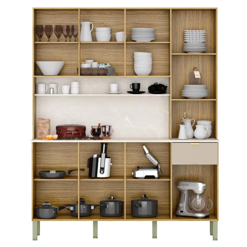 ACTUAL DIFFUSION Buffet 8 Portes 1 Tiroir 18 Niches Chêne et Gris Taupe L 161 H 200 P 38.8 cm