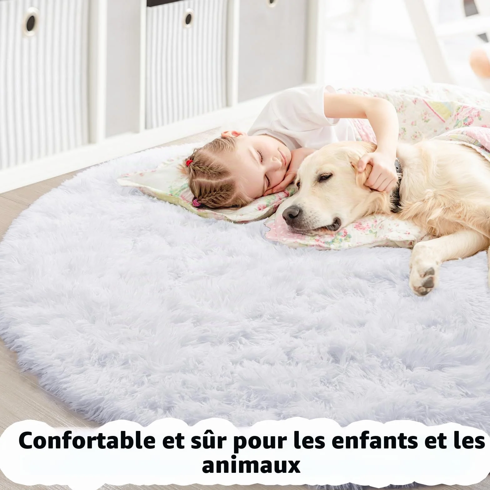 Tapis Rond Moelleux Blanc Chambre à Coucher Peluche Mignon