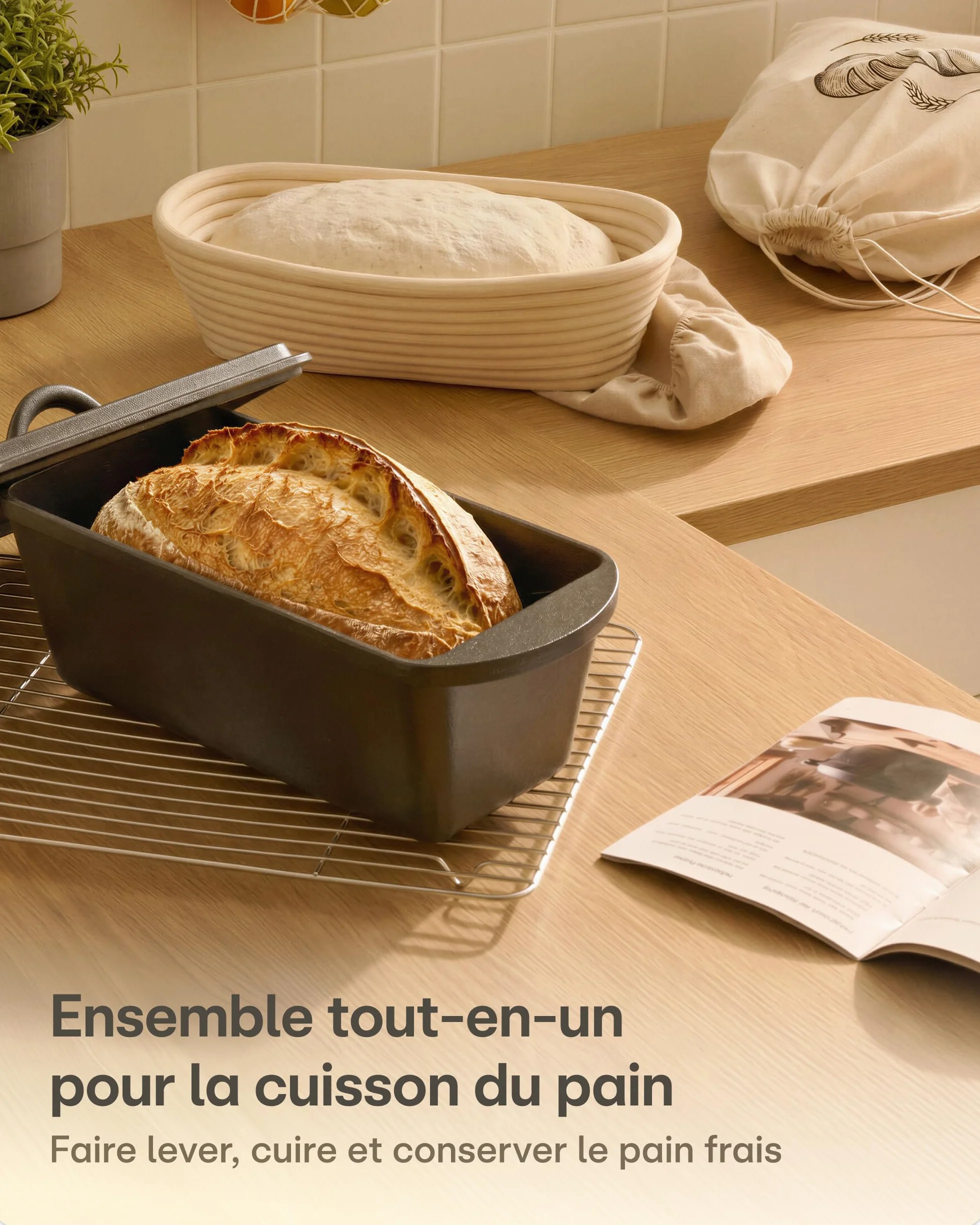 Praknu Set Cocotte En Fonte (28 × 12 cm) – Marmite En Fonte & Cocotte Pain – Avec Banneton, Sac À Pain – Casserole avec Couvercle – 3 L Dutch Oven
