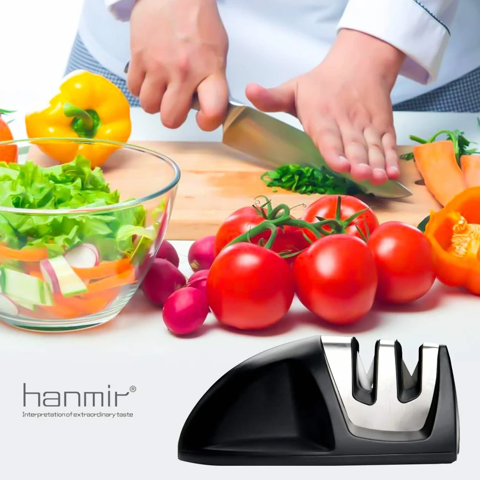 Hanmir Aiguiseur de Cuisine Professionnel 2 en 1 Manuel pour Couteaux Acier Inoxydable et Céramique, Base Anti-dérapante Noir