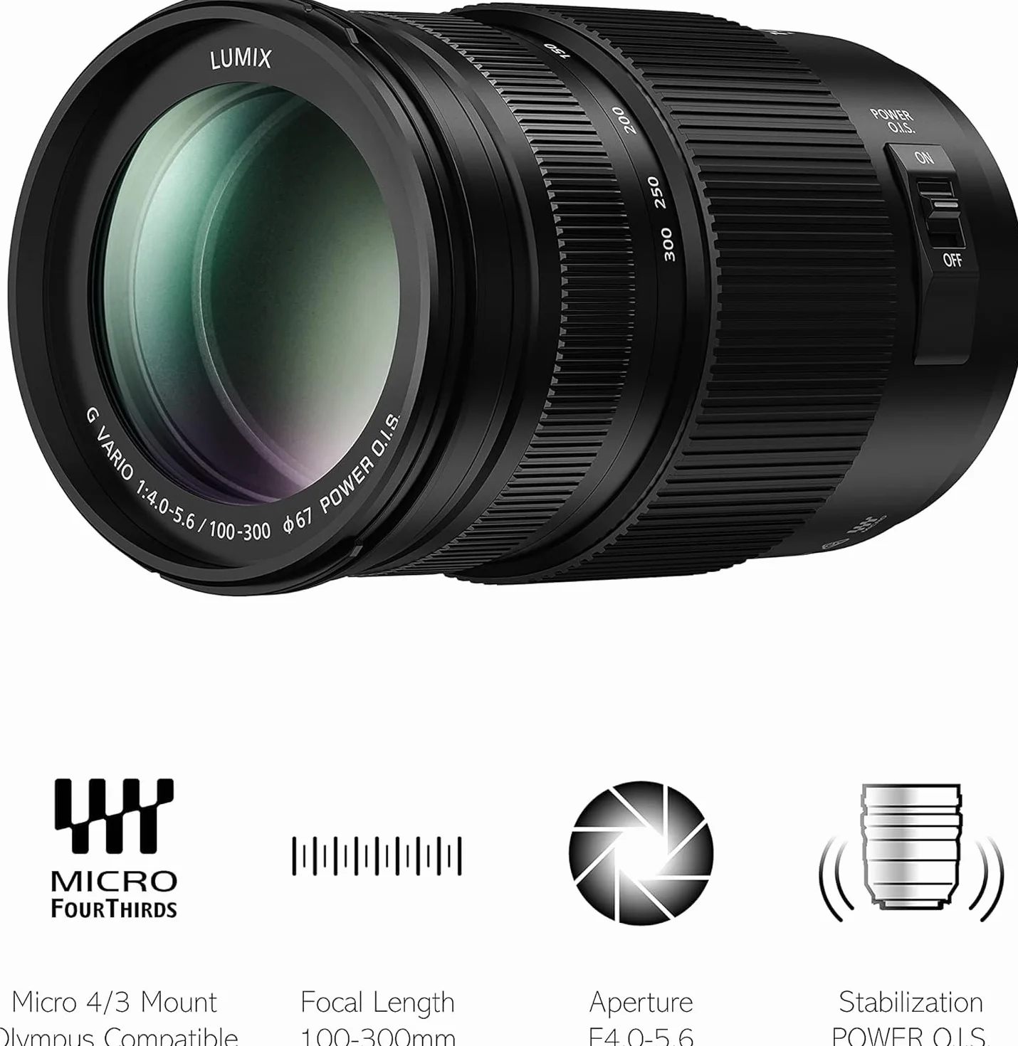 Panasonic H-FSA100300 LUMIX G VARIO teleobiektyw zmiennoogniskowy (100-300/200-600mm, przysłona F4.0–F5.6, filtr φ67mm/2.64", micro 4/3), czarny