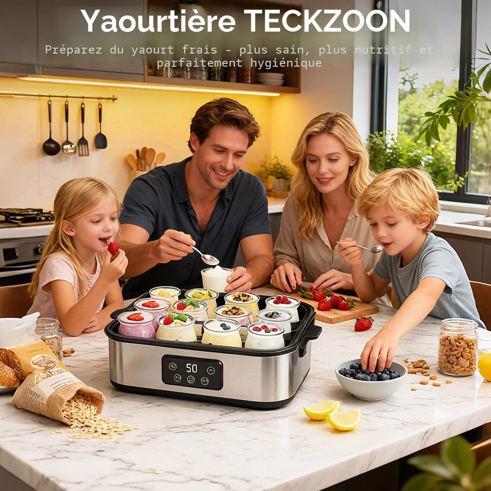 Yaourtière Électrique 2200 ml, avec 12 × 180 ml Pots en Verre, Machine à Yaourt Digitale Inox, Yaourtière Automatique pour Yaourt Maison, Fromage ou Natto