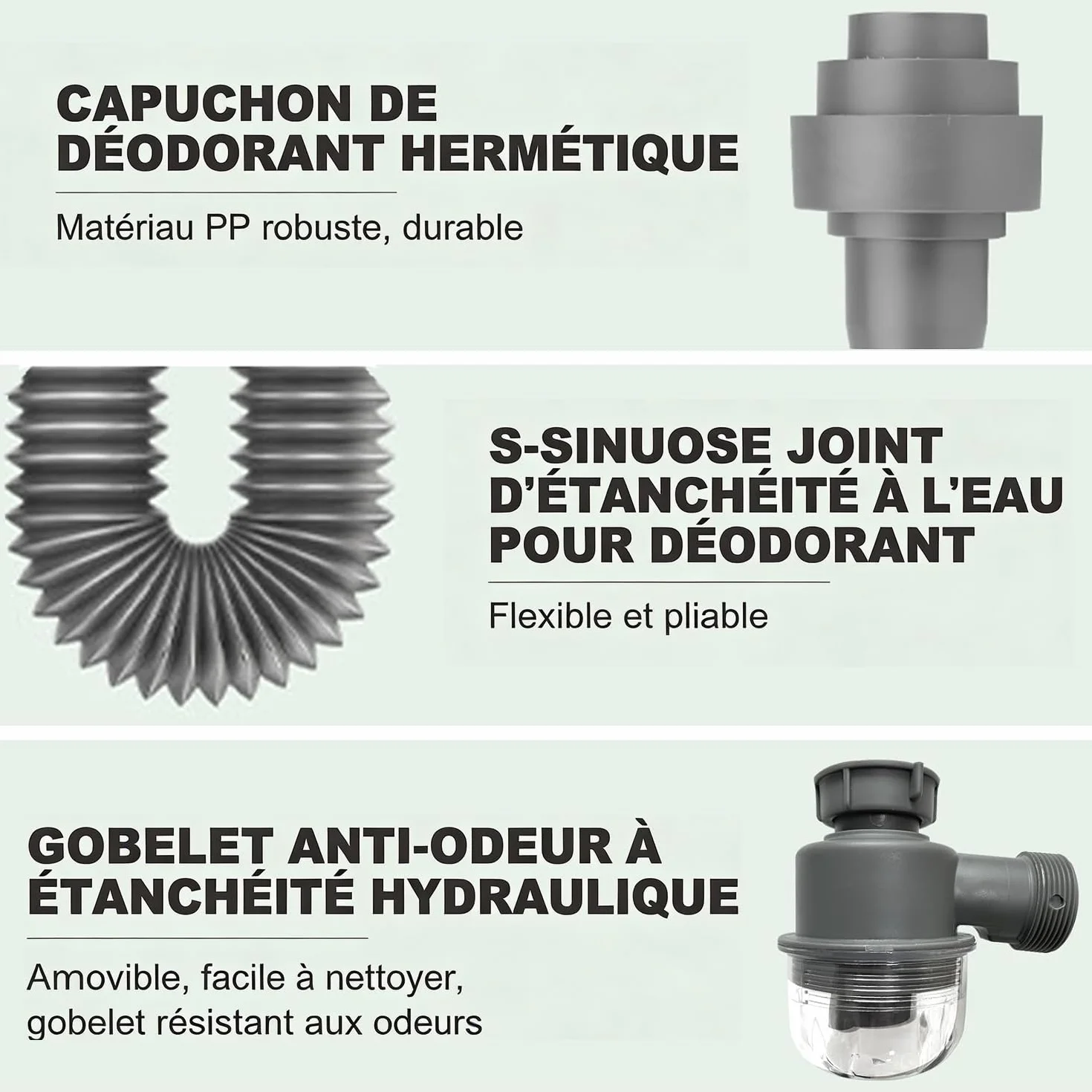 Kit de vidange double évier 1½" siphon P extensible coupelle anti-odeurs visible amovible lavable cuisine salle de bain
