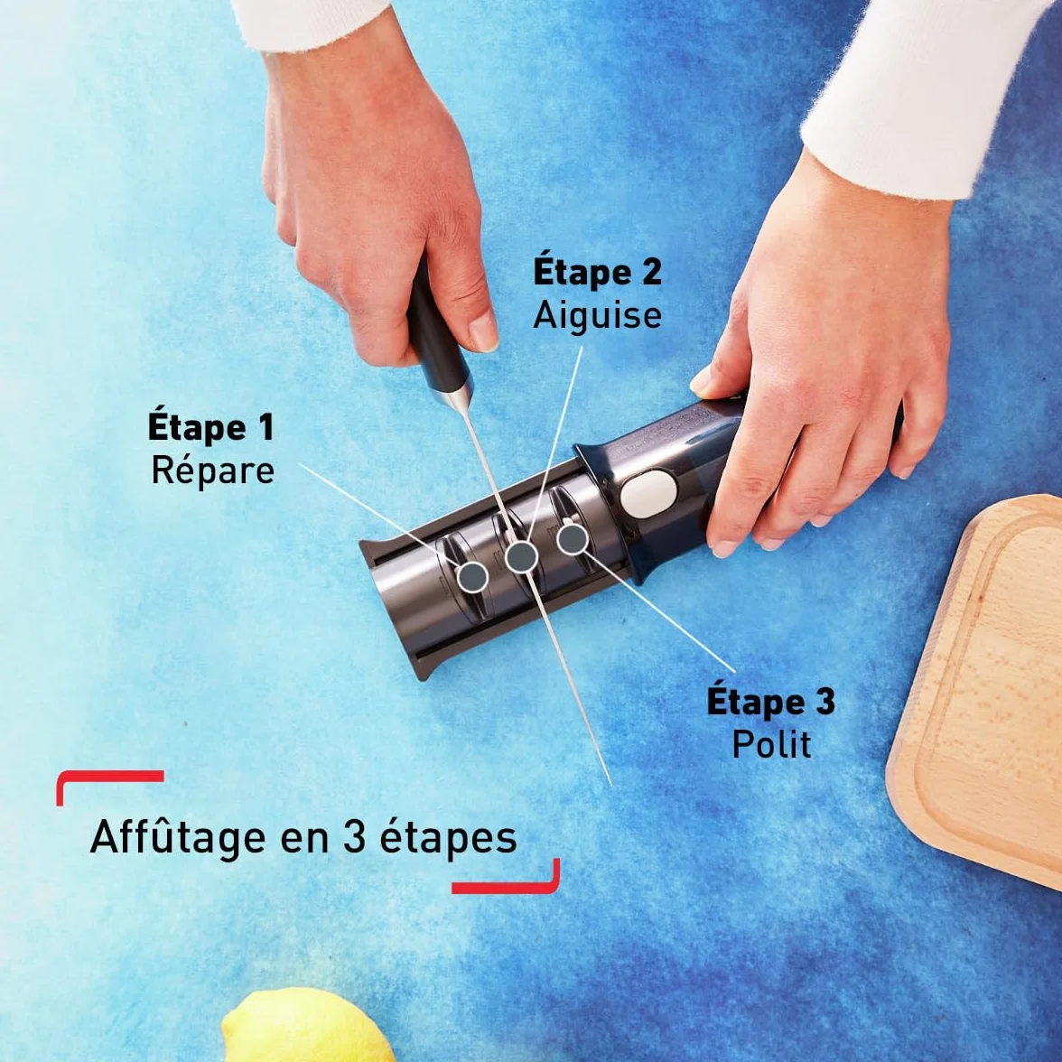 Tefal Aiguiseur de couteaux, Meule japonaise, Affutage en 3 étapes, Noir