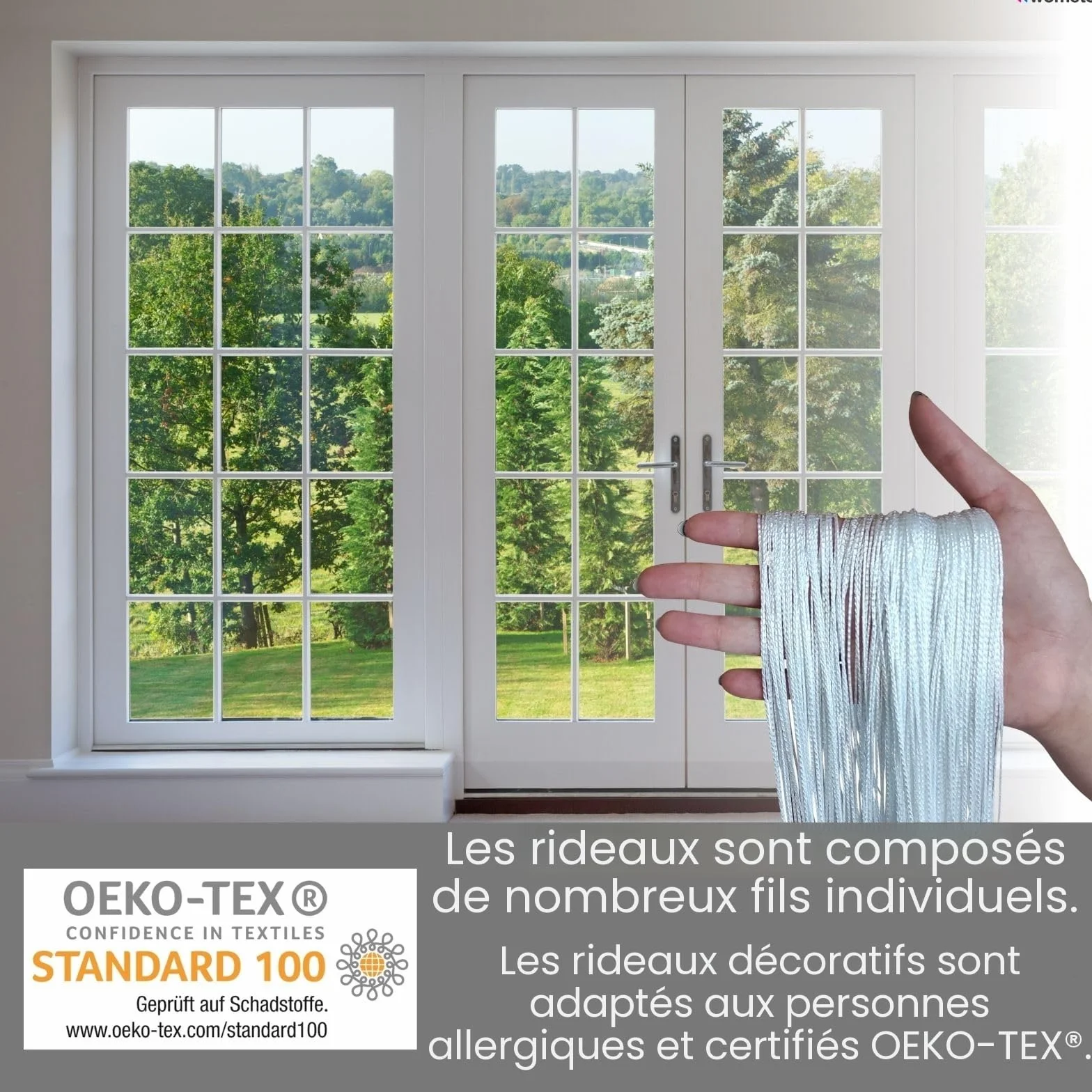 Rideau à Fils 90x245 cm Noir oekoTex Raccourcissable Lavable