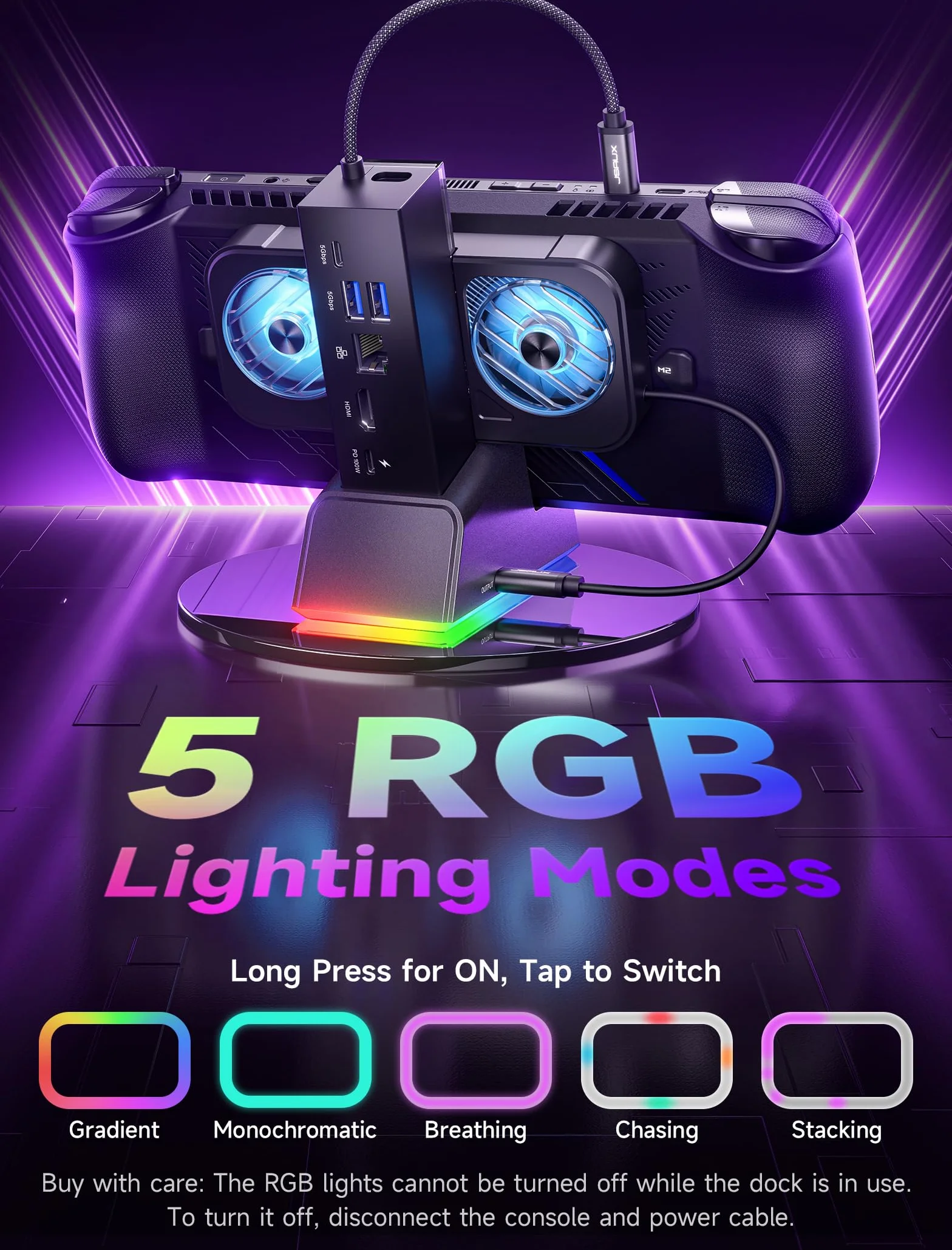 JSAUX Stacja dokująca do ROG Ally X/ROG Ally/Steam Deck/Legion Go, stacja dokująca 7 w 1 do ROG Ally X z wentylatorem chłodzącym RGB, HDMI 4K@120Hz, Gigabit Ethernet, Dual USB i USB C 3.0, ładowanie