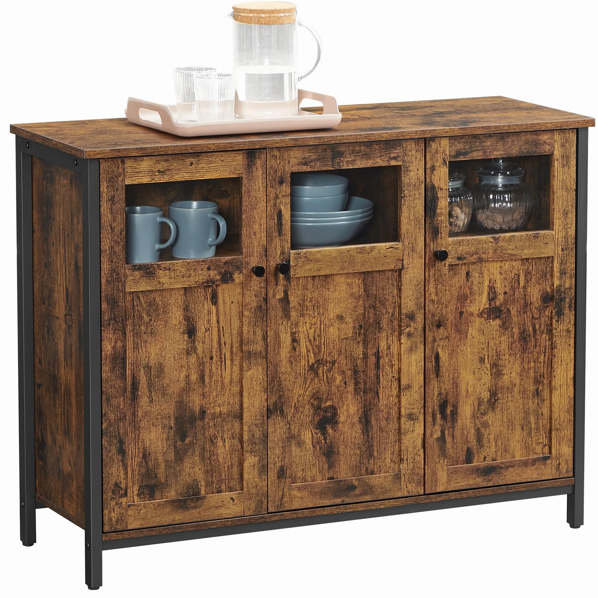 VASAGLE Meuble de Rangement, Buffet, avec Placard 3 Portes, pour Salle à Manger, Salon, Cuisine, entrée, Cadre en Acier, Style Industriel, Marron Rustique et Noir d'encre LSC099B01