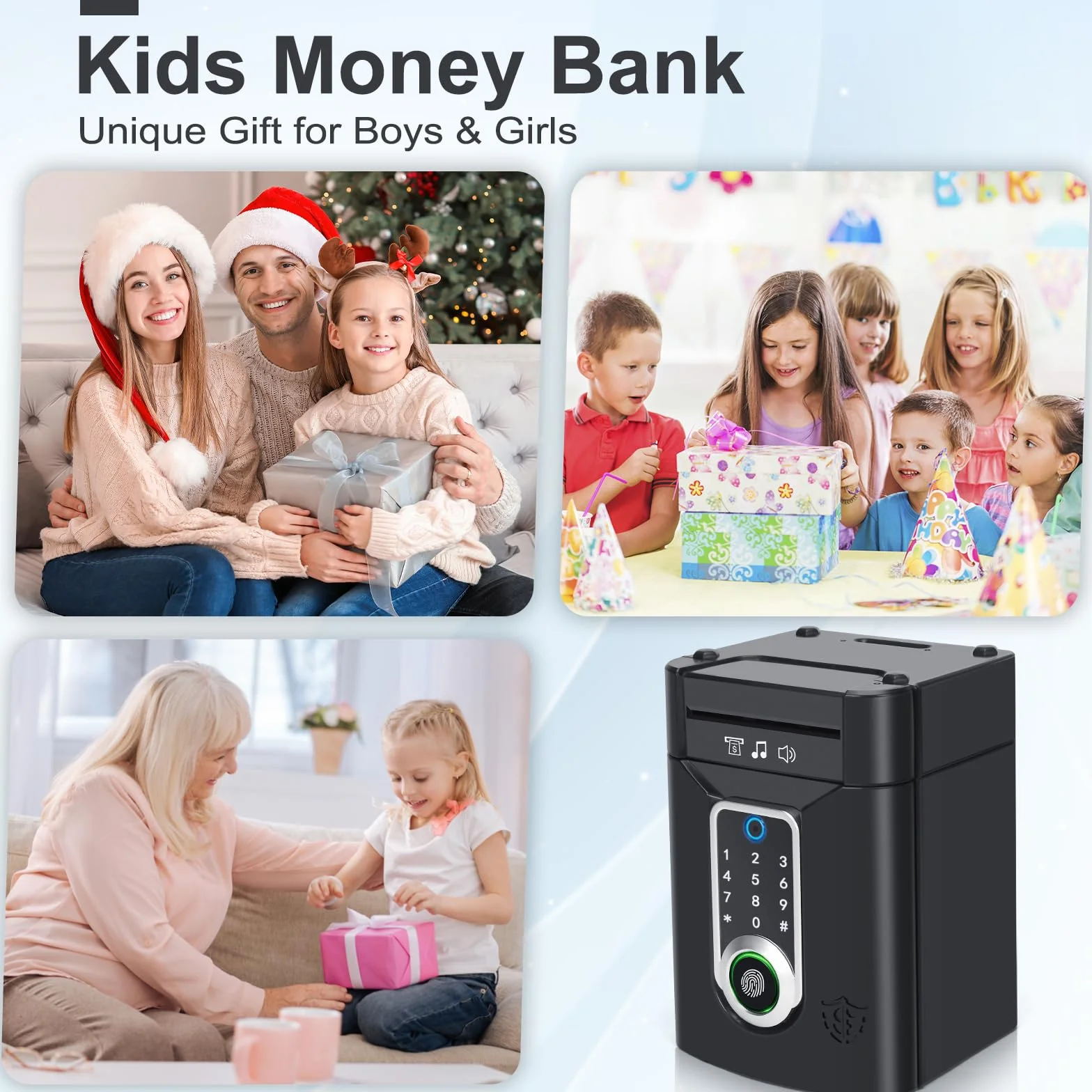 Tirelire Électronique Enfant avec Écran Tactile et Empreinte Digitale, Coffre-Fort Code, Cadeau 3-12 Ans Noir