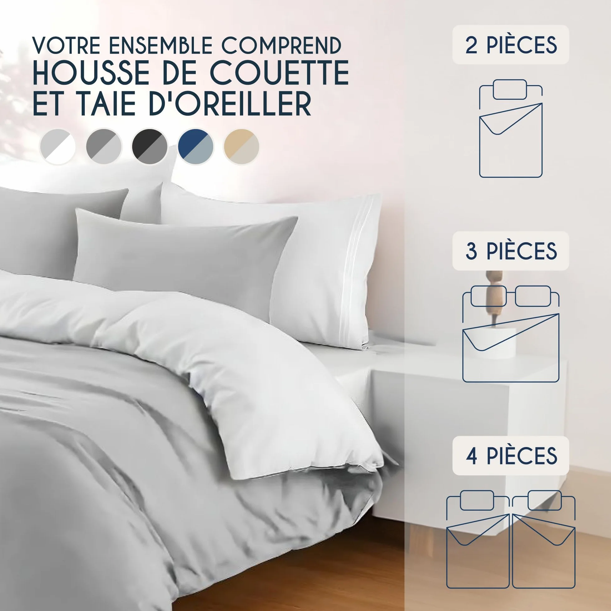 Dreamzie Housse de Couette 240x220 cm avec 2 Taies Oreillers 65x65 cm Gris Clair Blanc 100% Microfibre 3 Pièces Certifié Oeko TEX